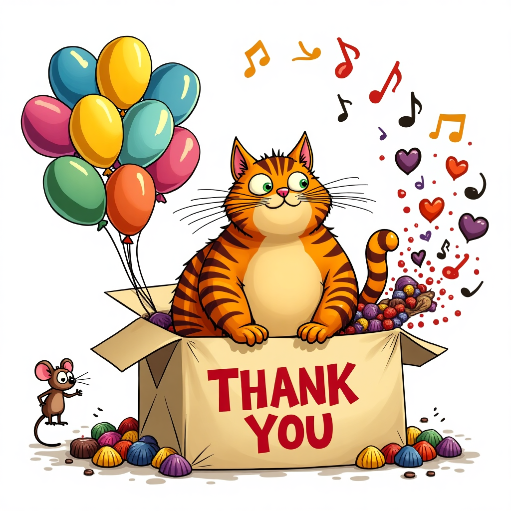 Imagine a lively, cartoonish scene brimming with quirky, exaggerated details inspired by the whimsical styles of classic cartoonists. At the center of the illustration is a plump tabby cat with a cheeky, oversized head and exaggeratedly large, bright green eyes, sitting prominently against a stark white background. Its fur is a lively orange hue with thick, dark brown stripes that twist and turn humorously across its body, lending it a comical charm reminiscent of Bill Watterson's playful characters.

The tabby's whiskers curl outward in a whimsical fashion, each one a bit too long, adding to its quirky personality. It’s perched atop a giant, overstuffed envelope with a huge "THANK YOU" printed in bold, vibrant red letters on the flap, the font reminiscent of classic Walt Disney animation title cards.

Surrounding the cat, a flurry of cartoon-style objects tumble through the air. To its left, a towering bouquet of multicolored balloons, each with a slightly wonky shape, bobbles about. The balloons are in a range of vivid hues—sunny yellow, sky blue, punchy pink, and grass green—with shiny highlights, mimicking the cheerful palette of Charles Schulz.

On the right side, an open box of chocolates spills out heart-shaped candies onto the white background. Each piece of chocolate is wrapped in a bright foil of silver, gold, and purple, contrasting with the simple backdrop, a nod to the playful color contrasts found in Hergé’s Tintin.

Above, a stream of floating, oversized cartoon-style musical notes dance across the scene, each note with its own little exaggerated quirks, perhaps inspired by Winsor McCay's imaginative dreamscapes. These notes swirl around the cat, leading the viewer's eye across the card, and are colored in a classic comic book style with bold black outlines filled with cheerful yellows and blues.

Finally, in the bottom left corner, a tiny, humorous sketch of a surprised mouse peeks out from behind the envelope, its eyes wide in a Gary Larson-esque expression, completing the playful, chaotic scene with a touch of underground comix flair from R. Crumb.

This dynamic tableau captures a light-hearted and whimsical scene, ideal for a thank-you card, brimming with exaggerated cartoon elements and vibrant colors.
Generated with these themes: tabby cat with a white background .
Made with ❤️ by AI.