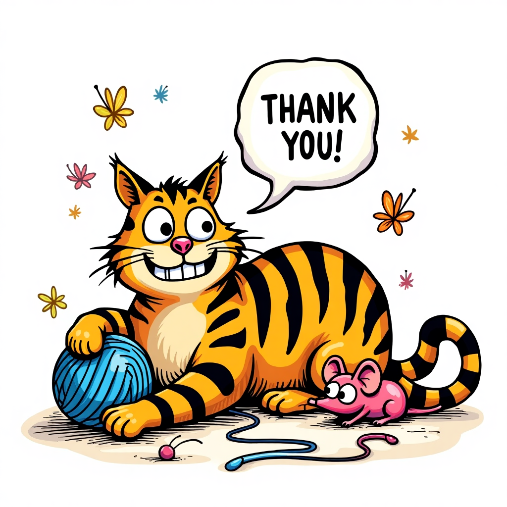 The front cover of this quirky thank-you greeting card bursts with a lively, cartoonish scene inspired by the charm of classic comic artists. At the center of the card is a plump tabby cat with orange and black stripes, akin to a mischievous feline version of Charles Schulz's Snoopy or Bill Watterson’s Hobbes, lounging on a simple white background. The cat's fur is a riot of exaggerated, wavy lines, reminiscent of R. Crumb's bold and intricate style, with each stripe accentuated in a deep black for a whimsical touch.

The tabby's face is comically expressive, featuring oversized, almond-shaped eyes that twinkle with an exaggerated gleam, and a pink, heart-shaped nose. Its ears are perked up with curiosity, and its mouth is a wide, cartoonish grin, revealing two prominent, buck teeth, a playful nod to Winsor McCay’s animated creatures.

Around the cat, a scatter of oversized, brightly colored objects populates the scene: A sky-blue ball of yarn, so large it seems almost like a soft planet, entices the cat's paw. Next to it, a magenta toy mouse with exaggerated, googly eyes appears as though it’s scuttling away in mock terror. These objects, with their bold outlines and solid colors, echo the clarity of Hergé’s Tintin series.

The background remains a pristine white, enhancing the vividness of the colorful elements. Above the tabby cat, floating as if it’s part of the feline's daydream, is a comic-style speech bubble. The bubble is outlined in thick black and filled with the words “Thank You!” in an energetic, hand-drawn font that mimics the joyful flair of Disney’s animated scripts.

Tiny accents like small, fluttering cartoon butterflies and whimsical, spiraling swirls in pastel hues add a touch of Gary Larson’s surreal humor to the white space, creating an environment that feels both playful and expansive.

Overall, this card design merges elements of whimsy, boldness, and classic comic artistry to create a vibrant and humorous tableau that encapsulates a lively expression of gratitude.
Generated with these themes: tabby cat with a white background .
Made with ❤️ by AI.