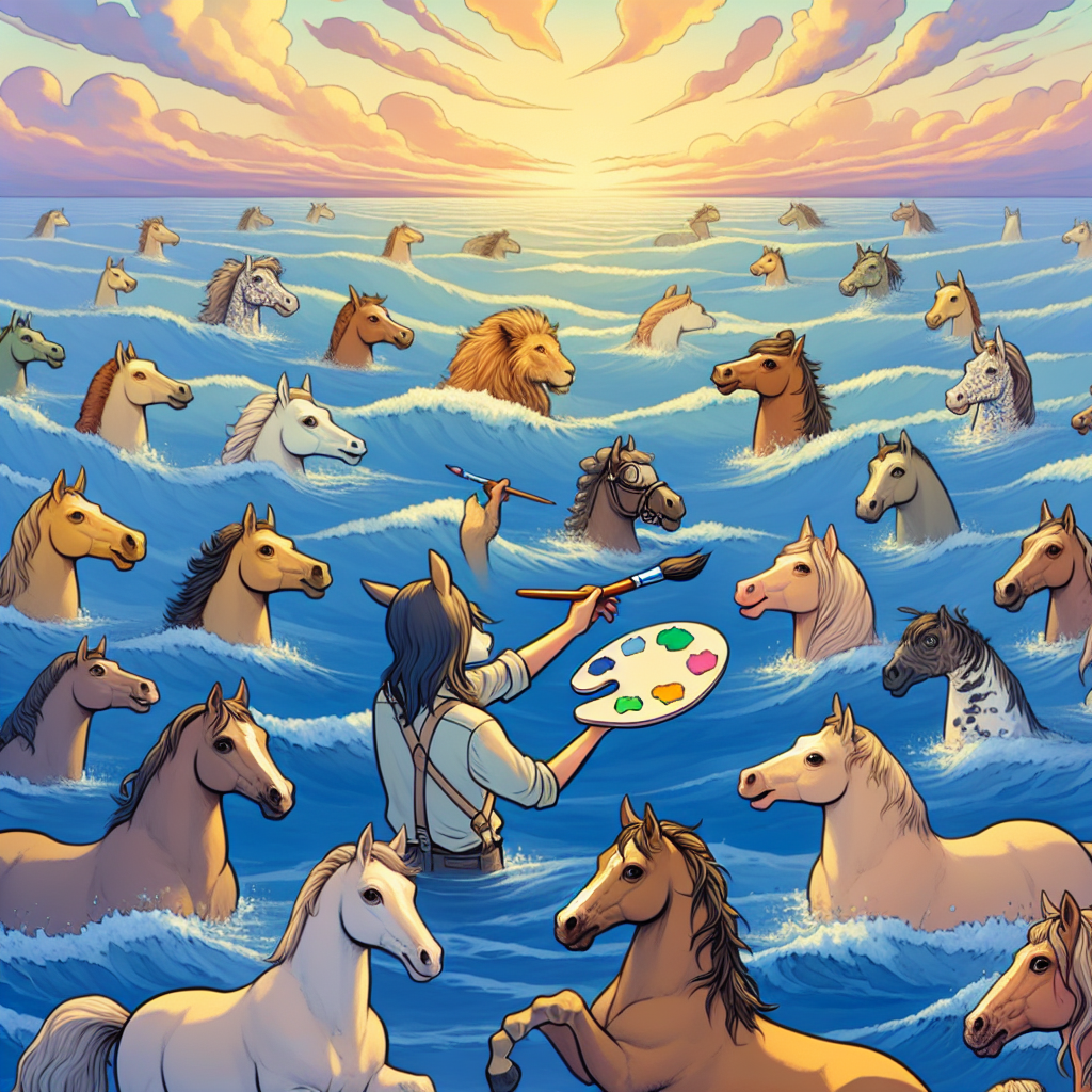 Visualize an illustration of a tranquil seascape, with the sky displaying calm pastel tones and the sea showcasing gentle waves. In the front, various cartoon-like horses and cats of diverse descents are congregated, each possessing a paintbrush or a palette, implying them as artists. These animals are portrayed as jubilant, their faces adorned with joyful smiles, encapsulated within minor eruptions of vibrant paint hues. The mood of the scene communicates a congratulatory message, clearly directed towards the observer to celebrate a recent success.
Generated with these themes: Horses, Cats, Art, and Seaside.
Made with ❤️ by AI.