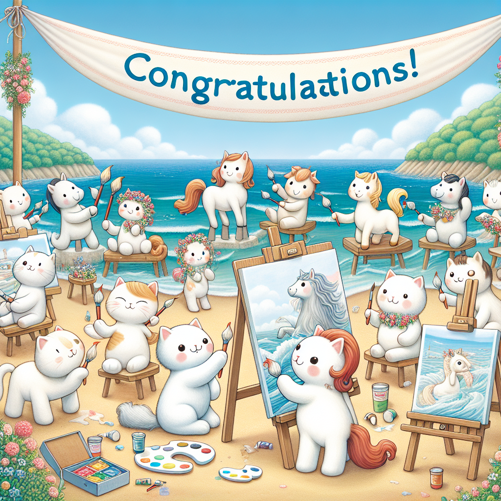 Create a sweet illustration of a whimsical seaside art celebration showcasing a bunch of delightful horses and cats engaging in various artistic activities. The cats are joyfully swiping at canvases with their paws, while the horses are seen holding paintbrushes in their mouths. All of them are assembled under a prominent banner that reads 'Congratulations!' This picturesque scene exudes the essence of creativity and happiness, with the serene coastal landscape adorning the background. The setup is to commemorate and celebrate the achievement of someone special.
Generated with these themes: Horses, Cats, Art, and Seaside.
Made with ❤️ by AI.