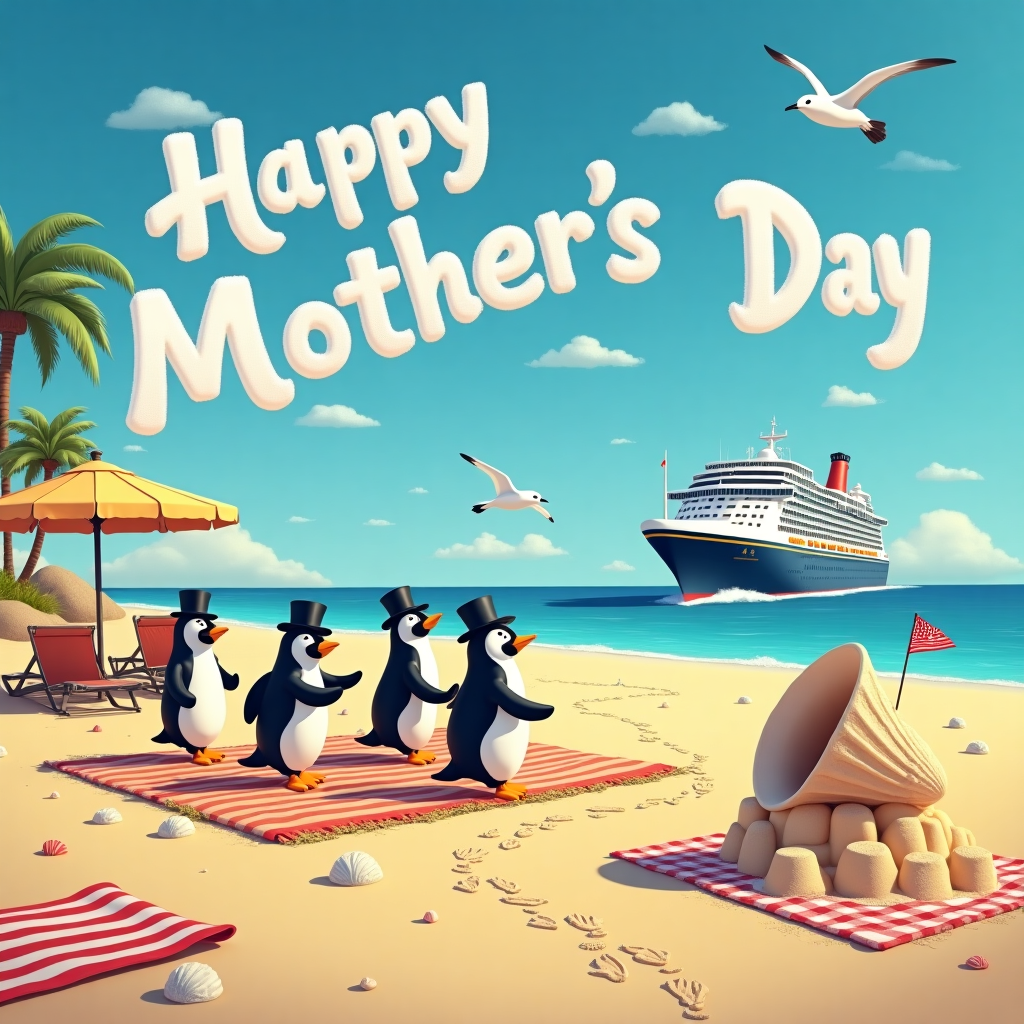 On the golden sands of a whimsical beach, a dazzling spectacle unfolds under a sunlit sky. To the right, a grand cruise ship with gleaming white hull and colorful pennants sways gently in the distance, anchored close to the shore. The ship's upper deck features miniature palm trees and a pool with tiny sun loungers, hinting at the luxury aboard.

In the foreground, a group of dapper penguins dressed in tuxedos and top hats, their feet tapping on the sand, are elegantly engaged in ballroom dancing. The penguins, with their black and white feathers meticulously groomed, gracefully twirl around a makeshift wooden dance floor, adorned with tiny seashells and strands of seaweed that mimic a plush ballroom carpet. Their little beaks are open, caught mid-chuckle, as they waddle and whirl to the rhythm of an invisible orchestra.

Above this lively scene, the azure sky is decorated with fluffy clouds that spell out "Happy Mother’sDay" in sweeping, elegant letters. The clouds are perfectly spaced and shaped, casting soft shadows on the sand below, as if the sky itself is part of the celebration. On the sand, colorful beach towels are laid out, and a large beach umbrella stands nearby, providing shade for an intricately sculpted sandcastle that mimics the grandeur of a ballroom, complete with tiny flags waving proudly in the breeze.

Nearby, a conch shell serves as an improvised loudspeaker, its large opening pointed towards the penguins, amplifying the sound of the ocean's waves as if they were part of the dance music. Seagulls circle above, their curious eyes fixed on the dance floor, while a trail of delicate footprints follows a seagull's path in the sand, marking its journey across this charming seaside extravaganza.
Generated with these themes: Cruise ship, and Ballroom dancing penguins on beach.
Made with ❤️ by AI.