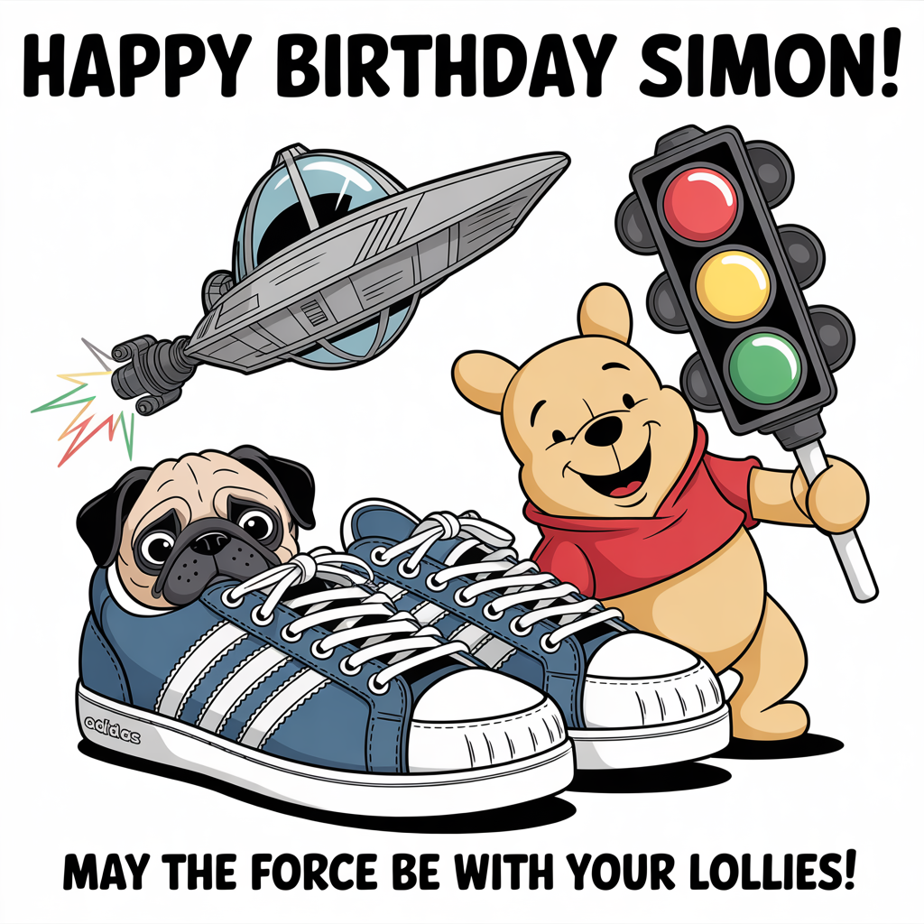 Black pug called George, Adidas sneakers, Giant Winnie the Pooh, Traffic light lollies, Star Wars , and Birthday Card