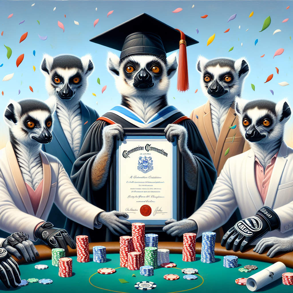 Create a delightful scene showcasing a moment of celebration. At the core of this happy scene is a lemur in a graduation outfit, exhibiting its diploma with great pride. The lemur is encircled by its companions seated at a poker table, each accessorizing with subtle hints to their shared interest in cycling, such as gloves and sunglasses. The air is filled with falling confetti, accentuating the festive ambience and the lemur's noteworthy achievement.
Generated with these themes: Graduation , Lemurs , Poker, and Cycling .
Made with ❤️ by AI.