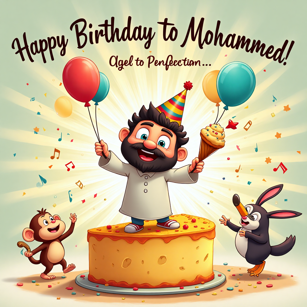 **At the top of the Cartoon Style image, the text reads:** "Happy Birthday to Mohammed!"

**Image Description:** Picture an animated, playful cartoon version of Mohammed with a huge smile, standing on a giant slice of birthday cake. He's wearing a colorful party hat with confetti bursting around him. His exaggerated proportions give him big, friendly eyes and a broad, joyful expression. In one hand, he's holding a balloon shaped like a giant cupcake, and in the other, a tiny party horn that he's enthusiastically blowing. Surrounding him are lively cartoon animals — a dancing monkey, a juggling penguin, and a rabbit popping out of a hat, all celebrating the occasion. The background is a bright and cheerful explosion of colors with floating musical notes and stars to emphasize the whimsical party atmosphere. 

**Creative Text within the image:** "Aged to Perfection... Like Cheese!"
Generated with these themes: .
Made with ❤️ by AI.