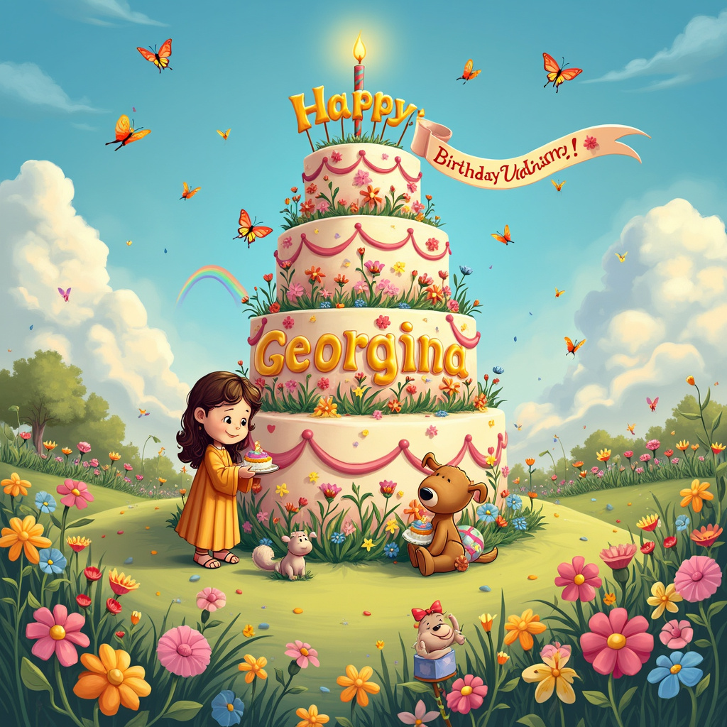 In the foreground, a whimsical, cartoon-styled garden blooms with an explosion of colorful flowers, each petal meticulously detailed, taking inspiration from the floral landscapes found in "Little Nemo in Slumberland". At the center of this blooming haven stands a grand, multi-tiered birthday cake, each tier decorated with intricate icing patterns, similar to the intricate designs found in "Calvin and Hobbes". Tiny cartoon butterflies, drawn in a playful style reminiscent of Walt Disney’s classic animations, flutter around the cake, adding a sense of joyous movement.

Atop the cake, the name "Georgina" is spelled out in bright, bold letters made of candy, each letter adorned with tiny flower designs, blending seamlessly with the surrounding blooms. Jesus, depicted with a gentle, friendly smile akin to the heartwarming character designs of Osamu Tezuka, stands beside the cake. He is holding a delicate, hand-painted birthday banner that stretches above his head, with the words "Happy Birthday Georgina!" beautifully scripted in a font that feels both celebratory and divine.

In the background, a clear blue sky, inspired by the simplicity and charm of Charles Schulz's "Peanuts", stretches across the top half of the card. Soft, fluffy clouds float lazily, with a few of them forming subtle heart shapes, adding to the whimsical feel. Among the clouds, a few more butterflies dance, their wings catching the light, and a faint rainbow arcs across the sky, hinting at a touch of magic and wonder.

On the ground around the cake, little cartoon animals, reminiscent of the quirky creatures from Gary Larson's "The Far Side", are gathered, each holding a tiny cupcake adorned with a single candle. Some animals are mid-hop, others are sniffing the flowers, creating a lively and dynamic scene that draws the viewer's eye around the entire card.

Each element in this scene works together to create a rich, detailed tableau that is both joyful and deeply personal, with "Georgina" being the clear centerpiece of this birthday celebration.
Generated with these themes: Flowers,, Cakes, Butterflies, and Jesus.
Made with ❤️ by AI.