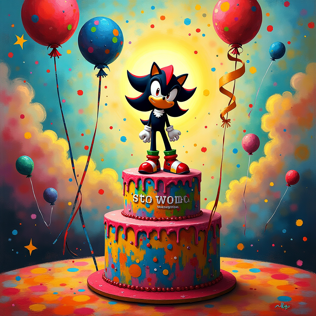 Picture a whimsical world where Shadow the Hedgehog celebrates a birthday in a vibrant, abstract dreamscape. The backdrop is a riotous canvas of color, echoing the bold strokes of Kandinsky with geometric shapes reminiscent of Mondrian's grids. Shadow stands center stage, striking a dynamic pose atop a colossal, three-tiered birthday cake. This cake is a kaleidoscope of Pollock-style splatters, with frosting colors that swirl in a Rothko-like haze. Suspended above him, de Kooning-esque balloons float in mid-air, their erratic forms outlined with a hint of Malevich's Suprematism. The sky is a canvas of layered Miró-like stars and cloud forms, where Ally's name is playfully integrated. Written in Cy Twombly's scribble style, "Happy Birthday Ally" spirals across the sky, as if being whipped by the wind. To the left, a surreal landscape unfolds with Richter-like smears and Martin-inspired gridlines, where shadows and light play tricks on the eye, just like Shadow the Hedgehog's quick-footed antics. The entire scene is an abstract ballet of color and form, capturing a unique birthday moment in an artist's palette of surprise.
Generated with these themes: Shadow the Hedgehog .
Made with ❤️ by AI.
