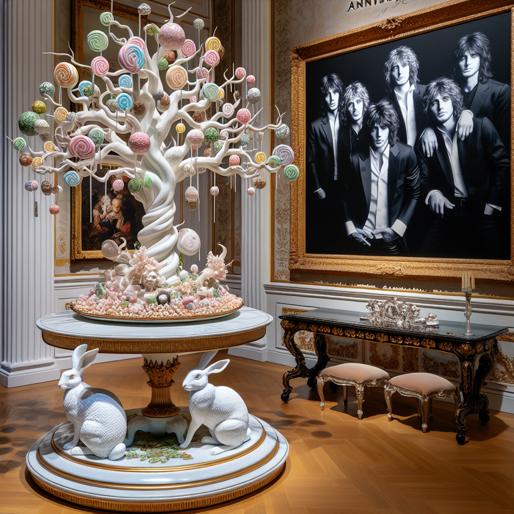 In the distinguished atmosphere of a grandly adorned setting commemorating an anniversary, the realistic decorations truly highlight the passage of time. An eye-catching centerpiece features a refined tree, its branches stretching upwards, lavishly decorated with candies and unobtrusive skull symbols, representing both the sweetness and transitoriness of existence. A finely sculpted porcelain rabbit sits at the foundation, symbolizing energy and fecundity. The walls carry tasteful portraits of an iconic and transformative rock singer, not specified but captured in imagery, his influence symbolizing endless love and the unique impact of artistic expression.
Generated with these themes: Rabbit, David Bowie, Skull, Love, Sweeties, and Tree.
Made with ❤️ by AI.