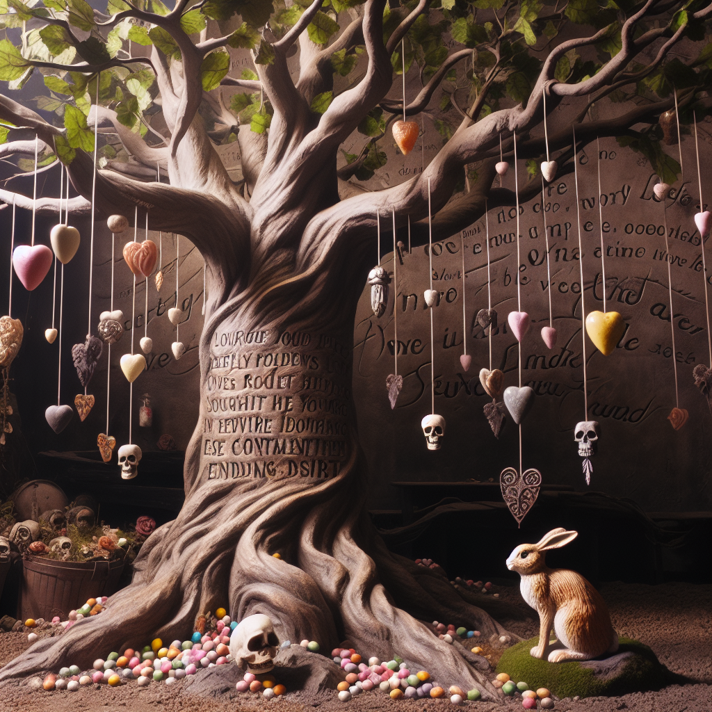 In the centre of the scene is a sturdy tree that is deeply rooted, its leaves stirring in the wind as they tell stories of enduring love. Hanging amongst its branches are candies appearing like ripe fruit, contrasting with the delicate skull carvings that remind of the frailty of life. A toy rabbit at the base of the tree seems to be in mid-jump, symbolizing constant moving forward, hope, and rebirth. The lyrics of a beloved 20th-century singer are subtly etched into the environment, mirroring the undying spirit, while the attachment of affectionate mementos between the branches adds a personal dimension to the space.
Generated with these themes: Rabbit, David Bowie, Skull, Love, Sweeties, and Tree.
Made with ❤️ by AI.