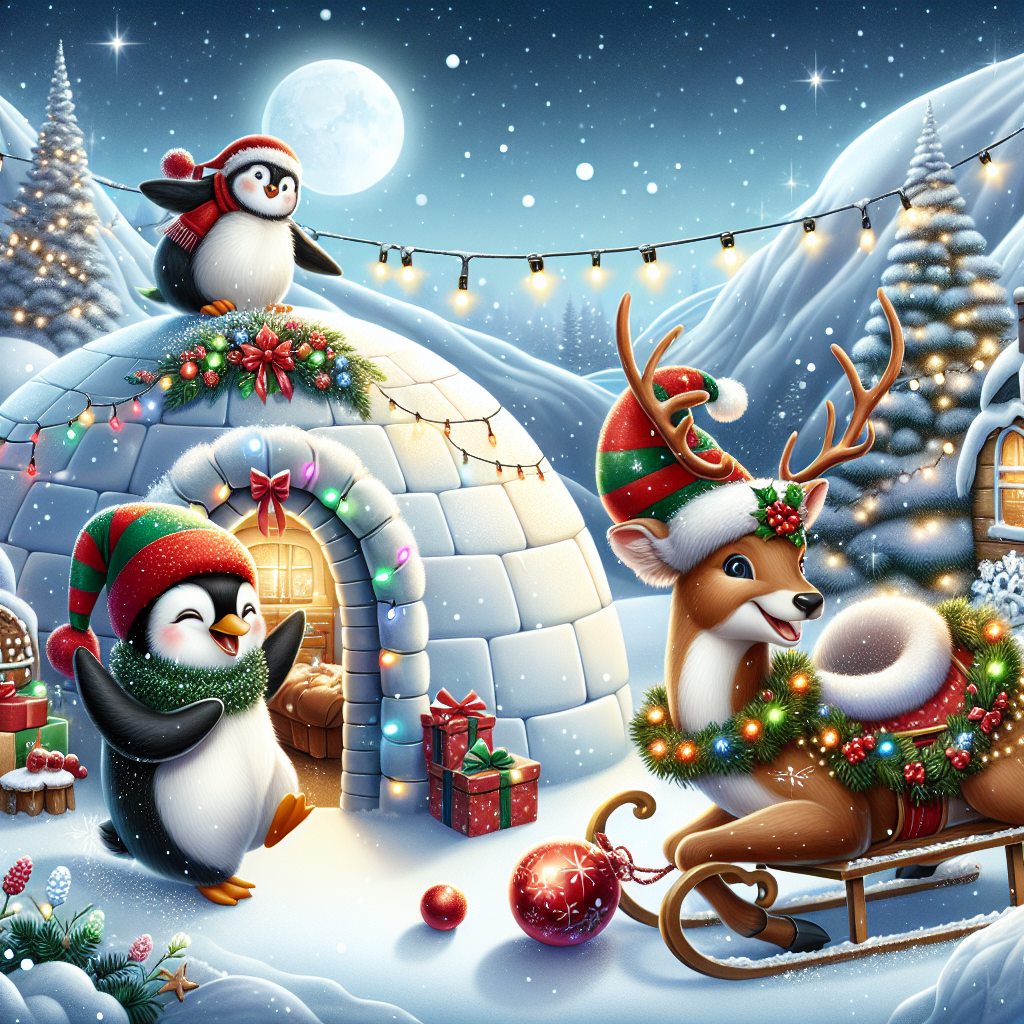 This endearing Christmas-themed illustration captures the playful spirit of the holidays with penguins sliding on the snow and a reindeer festooned with twinkling lights. The penguins, sporting elf hats, toss snowballs in a friendly game, while the reindeer, with a garland around its neck, joins in the fun. In the backdrop, a cozy igloo is decked with wreaths and ribbons, and a clear night sky above sparkles with stars, enhancing the sense of joy and magic.
Generated with these themes: Pinguïns, and Reindeer.
Made with ❤️ by AI.