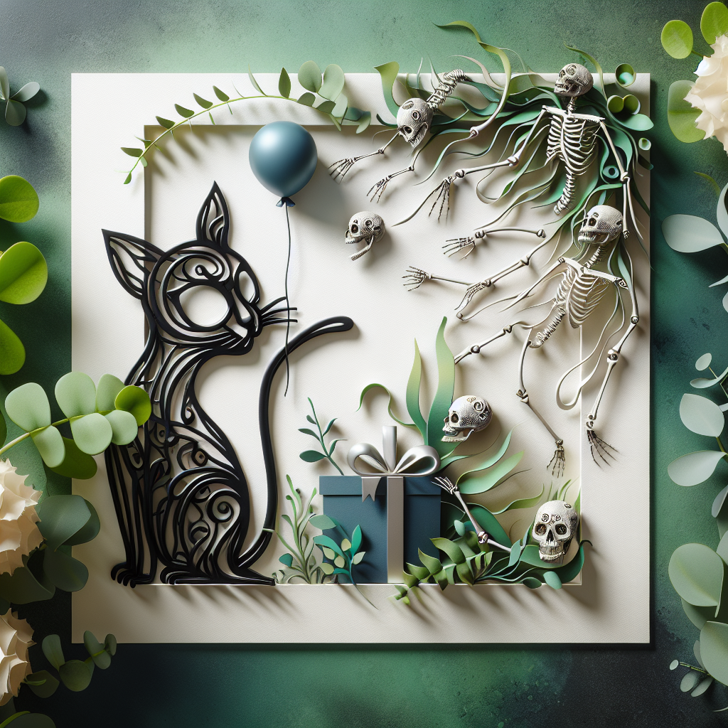 Create an image showing a whimsical birthday scene with an abstract touch. The scene features a charming black metal cat in the center, surrounded by ethereal, delicate skeletons seeming to play among a lush variety of green plants. This creates a unique juxtaposition of life and afterlife set against the background of a birthday celebration.
Generated with these themes: Black metal cat with skeletons and plants.
Made with ❤️ by AI.