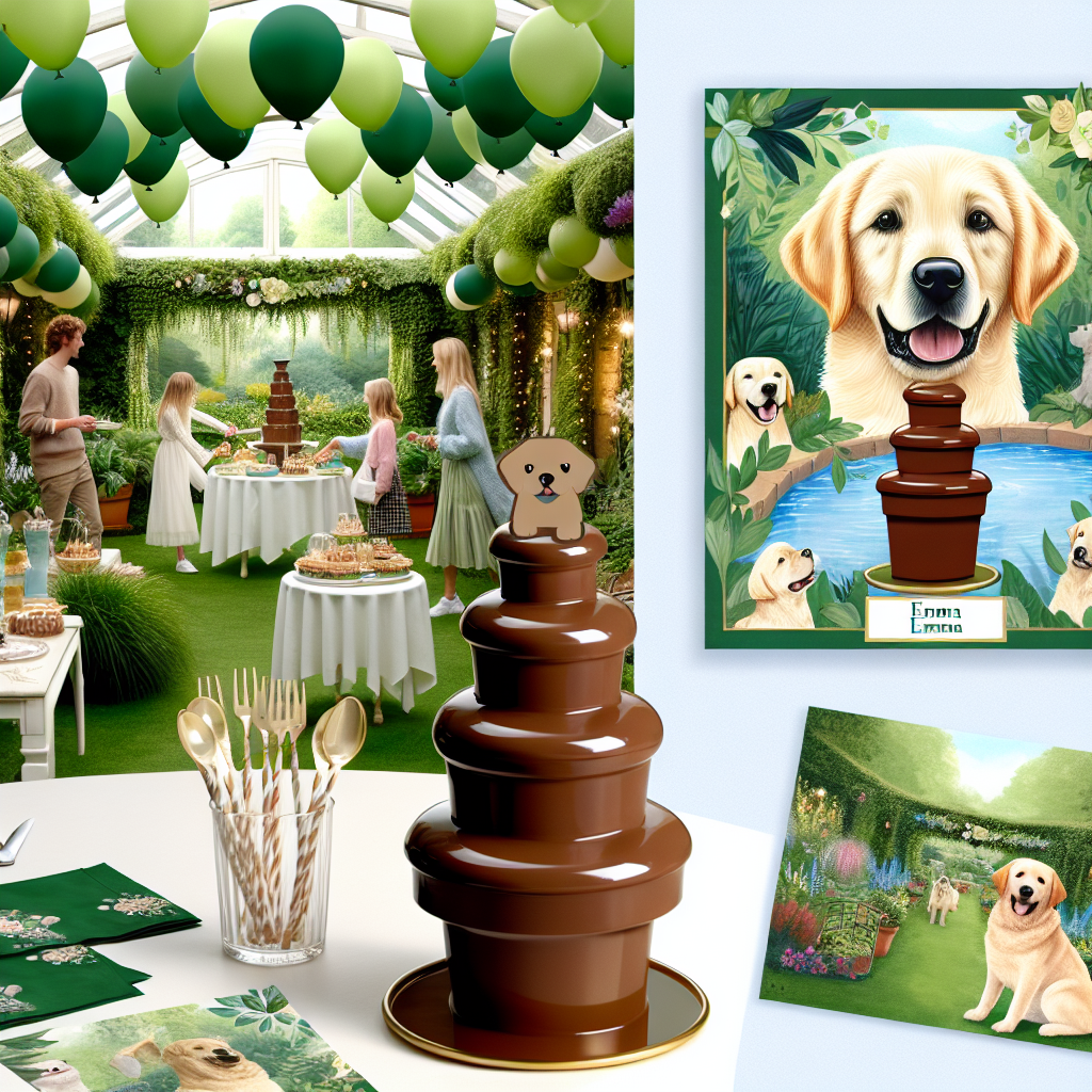 Create an image depicting a lovely garden birthday scene for an unseen character named Emma. Picture a beautiful setting showing verdant green balloons bobbing against the ceiling. Further enrich the scene with the motif of a golden Labrador, reflecting the pet dog of the birthday girl. Featuring this dog theme, imagine details such as napkin designs and a fetching cake topper. Finally, the centerpiece of the party is a decadent chocolate fountain, in which friends and family of diverse genders and desents can be seen dipping treats and sharing laughter, perfectly encapsulating the sweetness of the special day.
Generated with these themes: Emma, Green, Golden labrador, and Chocolate.
Made with ❤️ by AI.