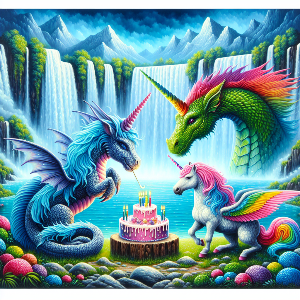 Craft a surreal yet realistic birthday-themed A4 size canvas artwork. Show a magnificent waterfall gushing gently in the background, accentuating the soft aura of this otherworldly realm. Have a vibrant, delicately painted dragon and a unicorn in the middle of this environment, their noses gently touching, encapsulating the unity of diverse realities. The entire scene should radiate an ethereal vibe, evoking feelings of tranquility and celebration of the mysterious.
Generated with these themes: Dragon kissing unicorn, Waterfall, Spiritual, and A4 sizes.
Made with ❤️ by AI.