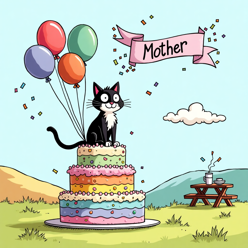 Imagine a vivid, playful scene with bold, clean lines reminiscent of the iconic styles of Charles Schulz and Bill Watterson. At the center, a tuxedo cat with exaggeratedly large, round eyes and a mischievous grin is perched atop a vibrant, multi-tiered birthday cake. The cake is decorated in an array of pastel colors—pink, blue, and yellow layers with a generous sprinkle of rainbow-colored confetti cascading down the sides. 

Above the cat, brightly colored balloons in shades of red, blue, and green float upward, each tied with a curly ribbon. Some of the balloons have whimsical polka dots or stripes, adding to the festive atmosphere. 

The background is a simple yet dynamic cartoonish landscape, with soft, rolling hills colored in gentle greens and blues, and a crisp, clear sky dotted with a few fluffy, white clouds. Scattered around the scene are bursts of confetti, drawn in lively, zig-zag shapes and rendered in eye-catching primary colors. 

In the sky, a whimsical banner held aloft by two balloons reads "Mother" in a playful, hand-lettered style. The banner is a soft lavender color, complementing the other hues in the scene.

Finally, tucked into one corner, a small picnic table is set with plates and cups, hinting at a festive gathering. The entire scene conveys an explosion of color and character, capturing the playful essence of the artists mentioned while maintaining its own unique charm.
Generated with these themes: Tuxedo cat, Cake, Balloons, Confetti, and .
Made with ❤️ by AI.