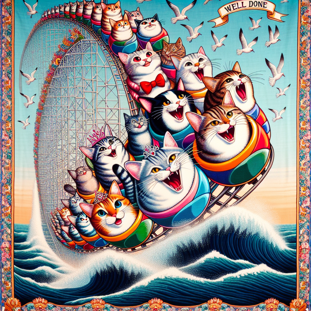 Imagine a vibrant, colorful tapestry featuring happy cats of various descents - Hispanic, Black, Middle-Eastern, South Asian, and White, all on a thrilling rollercoaster ride in the middle of the ocean. The rollercoaster cars look like gigantic pieces of tuna and are packed with cats wearing bowties and tiaras, their whiskers blowing back with thrill and joy. Above, seagulls are carrying a banner over the rollercoaster that proudly declares 'Well Done!', providing a festive atmosphere. The salty smell of the sea combines with the scent of victory, filling the air with a uniquely joyous celebration.
Generated with these themes: Cats having fun at a tuna fish rollercoaster .
Made with ❤️ by AI.