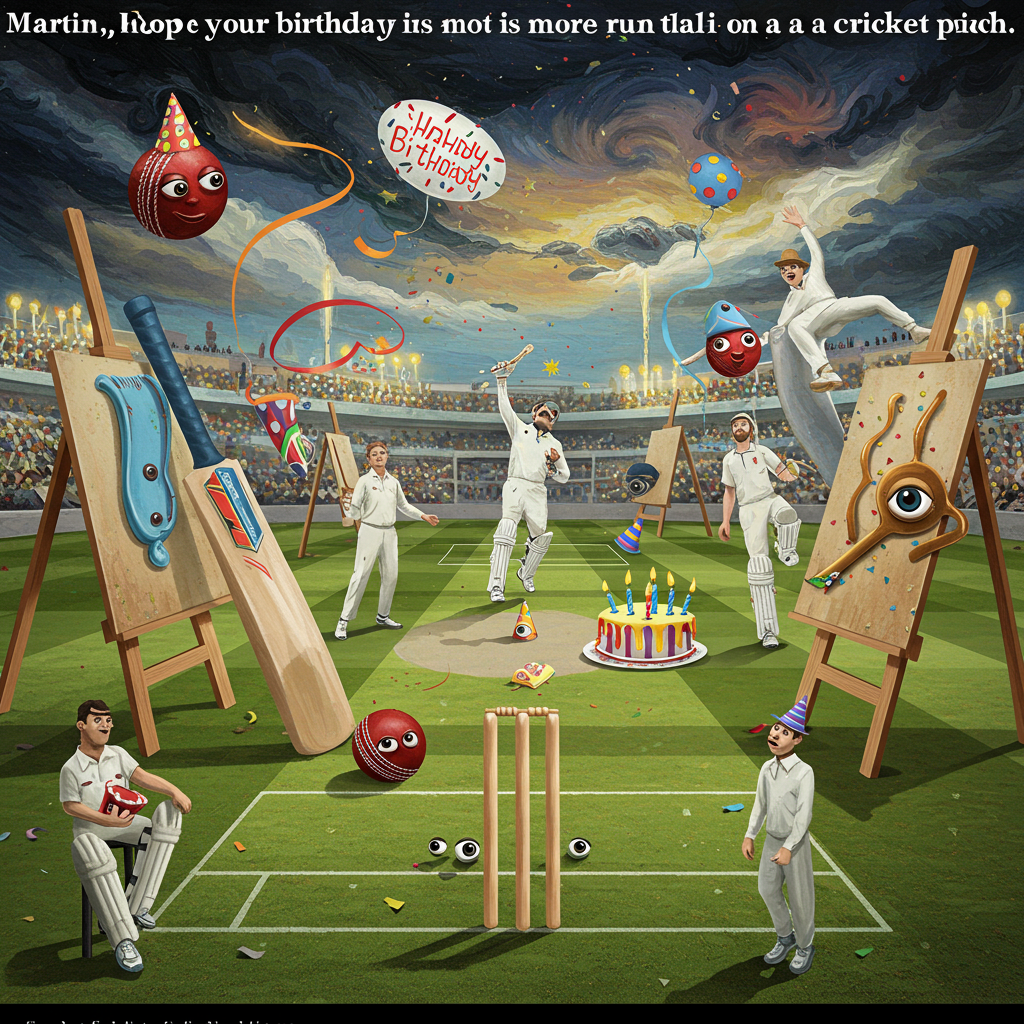 At the top of the abstract image: “Martin, hope your birthday is more run than Dali on a cricket pitch!”

**Prompt:**  
An abstract, surrealist image inspired by art history and cricket, perfect for a birthday card. In the dreamlike composition, melting cricket bats inspired by Salvador Dalí drape over easels, while googly-eyed cricket balls levitate among floating, cubist-style stumps. The pitch dissolves into a patchwork of Renaissance fresco textures and brushstrokes that morph into a Van Gogh sky, swirled with bright birthday candles. A giant Baroque statue of a bowler releases surreal shadows shaped like birthday balloons, while surreal wicket-keepers wear ruffled collars and hold impressionist confetti nets. The whole scene pulses with rich color contrasts and nonsensical scale—where wickets are staircases and fielders drift through Magritte-style clouds, chasing oversized googly birthday hats.
Generated with these themes: Art history, Cricket, and .
Made with ❤️ by AI.