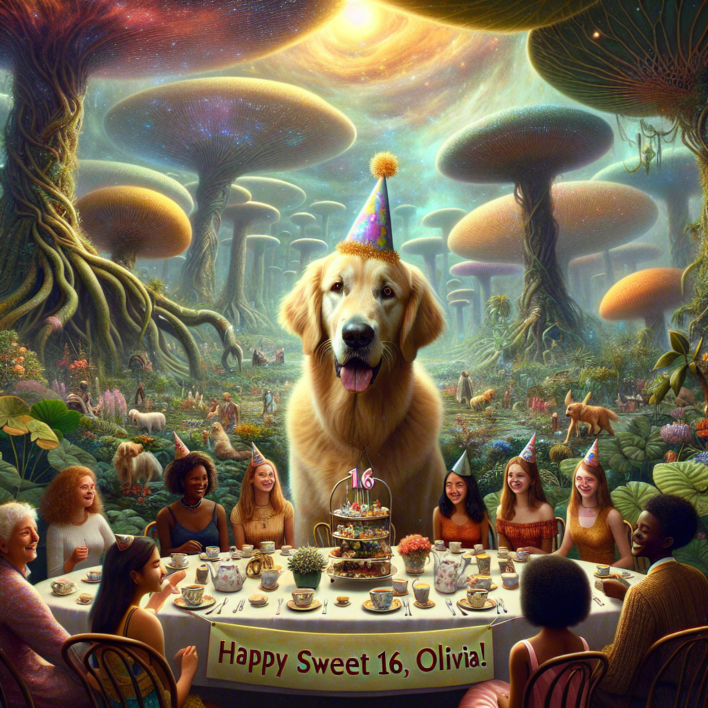 A dreamy, otherworldly illustration portrays the celebration of a 16th birthday party staged in an imaginative garden where enormous plant life towers over a charming tea occasion. Commanding central focus is a golden retriever possessing sagely, mild eyes, adorned in a party hat, under a banner with words 'Happy Sweet 16, Olivia!'. The domestic animal emanates a sense of joy as it is seated at the prime position of the table enveloped by Olivia's Caucasian niece and her diverse group of Hispanic, Middle-Eastern, South Asian, and Black friends. Celestial radiance filters through the plant canopy, showering a golden hue over the panorama, melding the tea event with the remarkable verdant environment into a unique composite of happiness and unearthly wonder.
Generated with these themes: 16 years old birthday, Golden retriever , Plants, Niece, Tea party, and Olivia .
Made with ❤️ by AI.