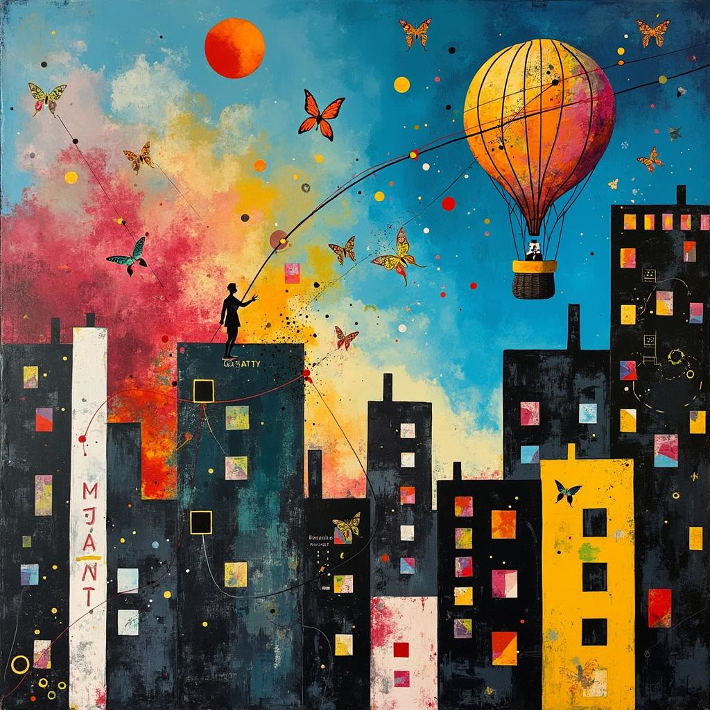 In the center of the card, imagine a whimsical, abstract cityscape with geometric shapes inspired by Piet Mondrian, complete with a vibrant mix of primary colors—red, yellow, and blue—alongside stark black and white lines. This cityscape is depicted with tall, blocky buildings that have an almost musical quality, their windows reminiscent of Kandinsky's abstract compositions.

To the left, a splatter of paint, a nod to Jackson Pollock, bursts onto the scene with an energetic mix of neon colors—pinks, greens, and oranges. Within this energetic splash, you can discern the subtle silhouette of a conversation bubble, symbolizing Chat GPT. Emerging from this bubble is a cascade of binary code, gracefully transitioning into a trail of tiny, iridescent butterflies, each wing adorned with fragments of code.

Floating above this scene, the sky is a serene gradient of blue hues inspired by Rothko, blending seamlessly from a deep cerulean to a soft azure. Across this sky, fluffy clouds in the style of Joan Miró swirl playfully, with delicate, curving lines and dots. Hidden within these clouds, the name "Matty" is cleverly spelled out in a mix of abstract shapes and lines, making it appear as though the sky itself is bidding farewell.

On the right side of the card, a surreal landscape unfolds, reminiscent of de Kooning's expressive brushstrokes. Here, a grand, ornate hot air balloon, in the style of Gerhard Richter's textured paintings, rises. This balloon, a symbol of Splendor, is composed of a mosaic of shiny, metallic squares, reflecting light and adding an element of opulence. The basket of the balloon, intricately detailed, holds a tiny, hand-drawn figure waving goodbye.

Throughout the scene, delicate lines and scribbles à la Cy Twombly and Agnes Martin add depth and movement, guiding the eye around the card and tying all elements together into a cohesive, farewell narrative.
Generated with these themes: Chat GPT, and Splendor.
Made with ❤️ by AI.