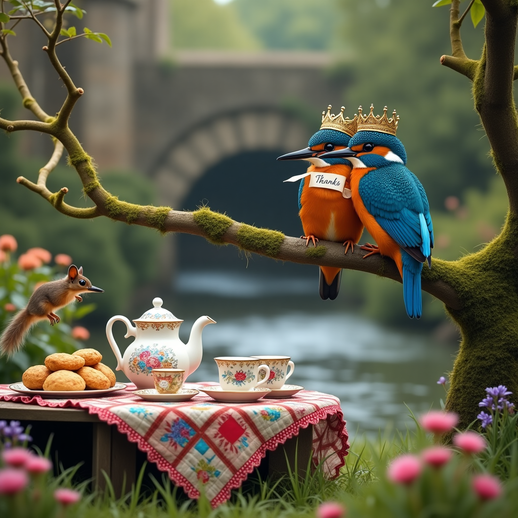In the picturesque countryside of the UK, perched on a twisted, moss-covered branch that arches gracefully over a bubbling brook, are two vibrant kingfishers, their plumage gleaming in shades of electric blue and fiery orange. These charismatic birds are wearing tiny, regal crowns made of delicate gold filigree, each adorned with a single, glistening sapphire, playfully nodding to their royal namesake. One kingfisher holds a small scroll in its beak, with the word "Thanks" elegantly scrawled in calligraphy, as if delivering a royal proclamation of gratitude. Nearby, a quaint wooden picnic table is adorned with quintessentially British elements—a teapot decorated with an intricate floral design, flanked by fine bone china cups and a plate of scones topped with clotted cream and strawberry jam. The scene is framed by lush greenery, with wildflowers blooming in a riot of colors, and an ancient stone wall in the background, partially covered in ivy. A patchwork quilt lies on the grass beneath, embroidered with tiny images of countryside scenes and, subtly, more kingfishers. A curious squirrel, mid-leap from one branch to another, seems to pause in mid-air, as if eager to join this royal tea party. A light drizzle of rain creates a shimmering effect, capturing the essence of an idyllic, uniquely British thank-you tableau.
Generated with these themes: Kingfishers in the country uk .
Made with ❤️ by AI.