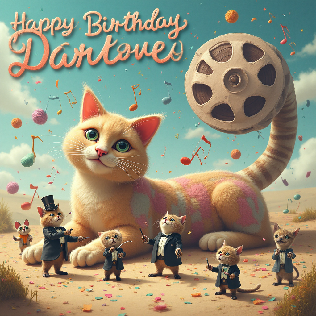 At the top of the Surreal Style image, the text reads "Happy Birthday Darlene" in a whimsical, looping script that dances across the sky.

**Image Description:**

A surreal birthday scene unfolds in a whimsical dreamscape. A giant, plush cat lounges like a regal sphinx at the center, its eyes twinkling with playful mischief. Its body is adorned with a patchwork of pastel colors, resembling a quilt of birthday wrapping paper.

Around the cat, miniature feline figures dressed in tuxedos and elegant gowns are gathered in an extravagant birthday celebration. These cats are conducting a peculiar symphony with oversized forks and spoons, as musical notes in the shape of cupcakes float through the air like whimsical balloons.

In the background, a giant film reel spirals into the sky, displaying scenes from "Saw the movie" but reimagined in a playful, cartoonish fashion—chainsaws replaced by giant cat scratchers, and traps transformed into oversized yarn balls. 

At the bottom of the image, a tiny, curly-tailed mouse in a magician's hat waves a wand, conjuring confetti that rains down like colorful sugar sprinkles, completing this fantastical birthday extravaganza. 

Caption floating near the bottom reads: "May your day be purrfectly pawsome!"
Generated with these themes: Saw the movie, Cats, and .
Made with ❤️ by AI.