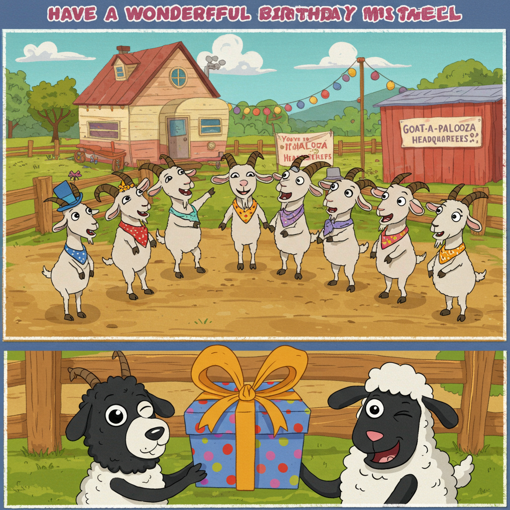 Nine goats singing on a goat ranch with a house trailer and an out building, and a black sheepdog presenting a birthday gift, , and Birthday Card