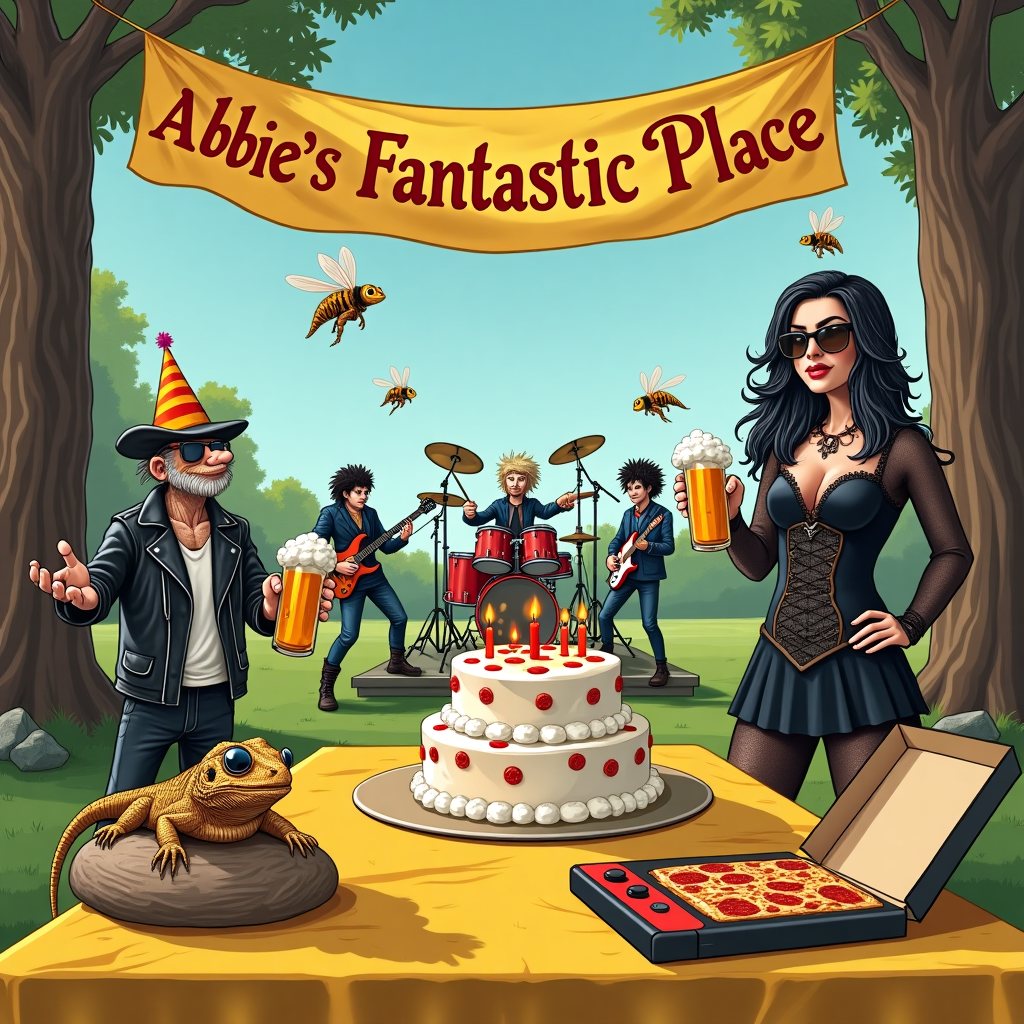 In this fantastically chaotic birthday scene, picture a vibrant park setting where the celebration is in full swing. Front and center is a picnic table draped in a bright yellow mustard-colored tablecloth, around which the characters of this unique gathering are buzzing, quite literally! Bees, adorned with tiny party hats, zip through the air, weaving around a bearded dragon lizard lounging lazily on a sunny rock. This rock is humorously located just beside a pizza box, slightly open, revealing gooey slices of pepperoni pizza that seem tantalizingly close to being snatched by the reptilian guest. The lizard sports a pair of miniature, retro-style sunglasses, basking in the birthday glory.

Off to the side, a woman with striking black and white hair styled in dramatic waves stands proudly in gothic attire, complete with a lace corset, a black skirt that grazes the ground, and combat boots. She's holding a mug of frothy beer aloft in a celebratory toast while her other hand expertly navigates a Nintendo Switch. The screen of the device shows a festive party game, contributing to the birthday cheer.

Above the entire scene stretches a colorful banner that reads "Abbie's Fantastic Place" in bold, swirling letters, draped between two towering oak trees. Beneath this sign, a rock band made up of four enthusiastic members is set up on a makeshift stage, each sporting quirky rockstar attire, ranging from leather jackets to sequined shirts. The drummer, a skinny figure with wild hair, is particularly animated, tossing his sticks into the air as the band plays an energetic birthday anthem.

Finally, the centerpiece—a large, three-tiered birthday cake covered in white icing and adorned with edible bees and lizards crafted from sugar—sits prominently on the picnic table. Each tier is surrounded by lit candles flickering in the breeze, waiting for the birthday song to end. This scene captures the essence of a delightfully bizarre and unforgettable birthday bash, a perfect card cover to celebrate Abbie’s unique style and interests.
Generated with these themes: A bearded dragon lizard, Bees flying in the air, A woman with white and black hair in goth clothing, Pizza & beer , A banner that reads 'Abbie's Fantastic Place', A rock band playing, A Nintendo switch, A Birthday cake, and A yellow mustard picnic.
Made with ❤️ by AI.