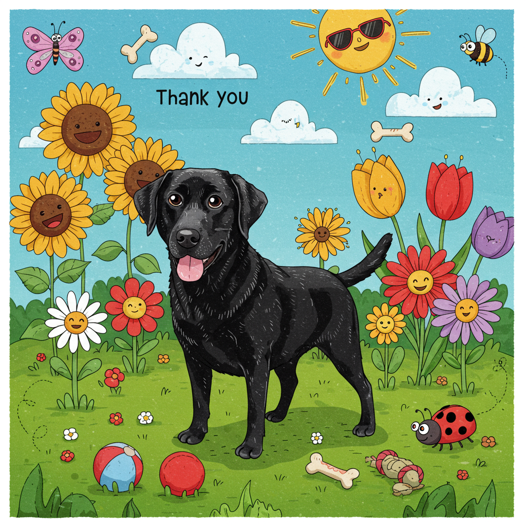 Front and center, imagine a jubilant black Labrador with a glossy, exaggeratedly shiny coat that almost sparkles in the cartoon sunlight. This dog, with a playful, slightly oversized snout and big, bright eyes, is standing amidst a vibrant garden, which bursts with exaggeratedly large, whimsical flowers. 

The flowers around the Labrador resemble a kaleidoscope of cartoonish colors: sunflowers with giant, round, happy faces in shades of sunny yellow and brown; daisies with bright white petals and smiley orange centers; and tulips in a vivid rainbow of colors—ruby red, deep purple, and sky blue. Each flower seems to have a character of its own, with petals that curl and twist in a stylized, exaggerated manner, some even appearing to lean in as if watching the playful pup.

In the background, the sky is a brilliant cerulean blue, with fluffy white clouds whimsically shaped like bones and dog treats floating lazily across. A quirky, exaggerated cartoon sun, wearing comically oversized sunglasses, shines brightly above, casting elongated shadows and highlighting the scene with a vibrant, warm glow.

The ground is a lush, emerald green, with blades of grass that curl and wave playfully. Sprinkled among the grass are little surprises: a bright red ball, a doggy bone, and a partially hidden chew toy, each drawn with exaggerated proportions and details, adding layers of fun discovery for the viewer.

In the corners of the card, tiny, cheeky cartoon insects with big eyes and even bigger smiles flit about—a butterfly with wings of multicolored stained glass, a ladybug with an exaggeratedly spotted back, and a bee with tiny buzzing wings and a striped body, providing additional pops of color and movement to the scene.

Overall, this card would capture the essence of a playful, thank-you garden party, with each element contributing to a lively, humorous tableau inspired by the charming and exaggerated styles of the great cartoon and comic artists.
Generated with these themes: black labrador in a garden with flowers.
Made with ❤️ by AI.