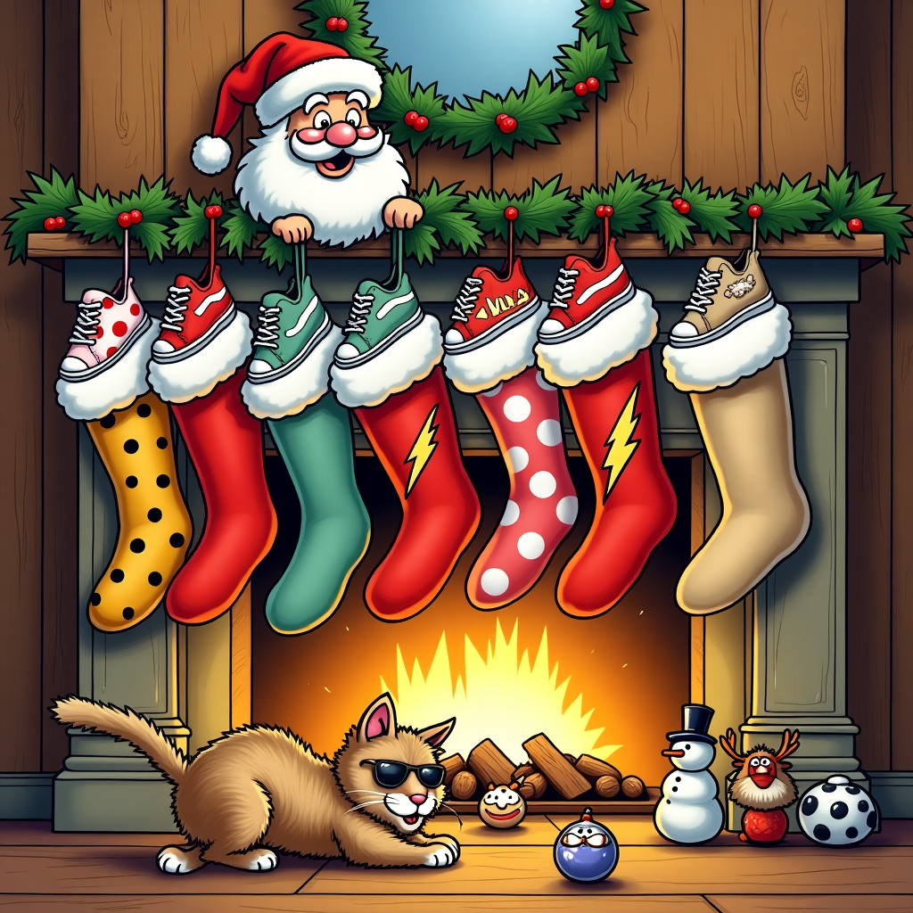 The scene unfolds in a cozy, whimsical living room that seems straight out of a Charles Schulz or Bill Watterson comic strip, with its cozy wood-paneled walls and a crackling fireplace adorned with a garland of holly. The focus is on a line of oversized, cartoonish stockings hanging from the mantel, each one bursting at the seams with an array of colorful sneakers. Each sneaker is uniquely decorated to represent different personalities: one pair is polka-dotted like something straight from a Dr. Seuss book, another is emblazoned with a lightning bolt a la Flash Gordon, while yet another sports a futuristic design inspired by Osamu Tezuka's Astro Boy. Above the fireplace, a caricature of Santa Claus is caught in mid-chuckle, his jolly face half-hidden by an oversized stocking cap, peering curiously at this unexpected scene. In the foreground, a mischievous cat, with a grin reminiscent of Gary Larson's 'The Far Side,' is attempting to pull a sneaker from one of the stockings, its tail curling upwards in playful anticipation. On the hearth, an assortment of quirky holiday ornaments—a snowman with sunglasses, a reindeer with aviator goggles—adds to the whimsical chaos. This scene playfully captures a holiday story where tradition meets modernity, with a dash of unexpected fun.
Generated with these themes: stockings filled with sneakers.
Made with ❤️ by AI.