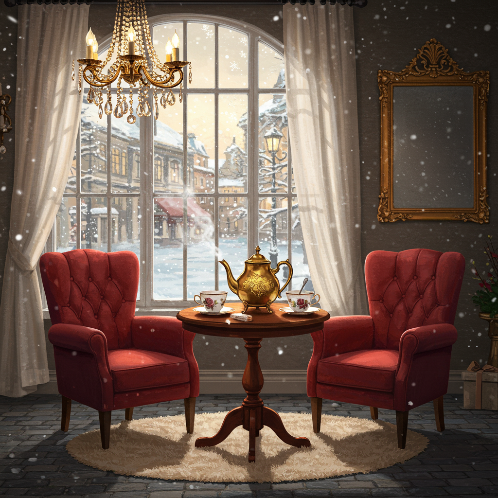 Front Cover Illustration:

Scene: The setting is a quaint, timeless cafe nestled on a cobblestone street, exuding an air of serenity and charm. The focus is a pair of cozy armchairs positioned at a small, round table made of polished mahogany. These chairs, upholstered in a rich, velvety red, face each other in perfect symmetry. 

Tabletop Details: On the table rests a vintage, brass teapot with intricate engravings of delicate vines and leaves. Steam curls upwards from its spout, forming soft spirals in the air. Next to the teapot is a pair of matching porcelain teacups, decorated with hand-painted roses in shades of crimson and blush pink. A small porcelain sugar bowl and a polished silver spoon lie between the cups.

Background Elements: The background depicts a large, arched window with white wooden frames. Outside, a gentle snowfall creates a soft, white blanket over the street, with snowflakes shimmering like tiny diamonds in the sunlight. In the distance, a wrought-iron street lamp casts a warm, golden glow, illuminating the falling snowflakes.

Additional Details: Near the table, a plush, fluffy cream-colored rug covers the floor, offering a sense of warmth and comfort. Hanging above, a crystal chandelier with teardrop crystals refracts light into tiny rainbows, scattering them across the room. On the far wall, a large, ornate mirror with an antique gold frame reflects the cozy scene, doubling the sense of companionship and harmony.

Colors: The palette includes deep reds and mahogany, offset by soft whites and creams, with accents of gold from the chandelier and street lamp. The subtle blush pinks and greens from the rose motifs add gentle touches of contrast, tying the elements together seamlessly.

Overall, the scene captures a perfect moment of togetherness, defined by details that reflect the themes of being smooth, obedient, a listener, supportive, and always there, in a visually enchanting and detailed setting.
Generated with these themes: Smooth, Obedient, Listener, Supportive, and Always there .
Made with ❤️ by AI.