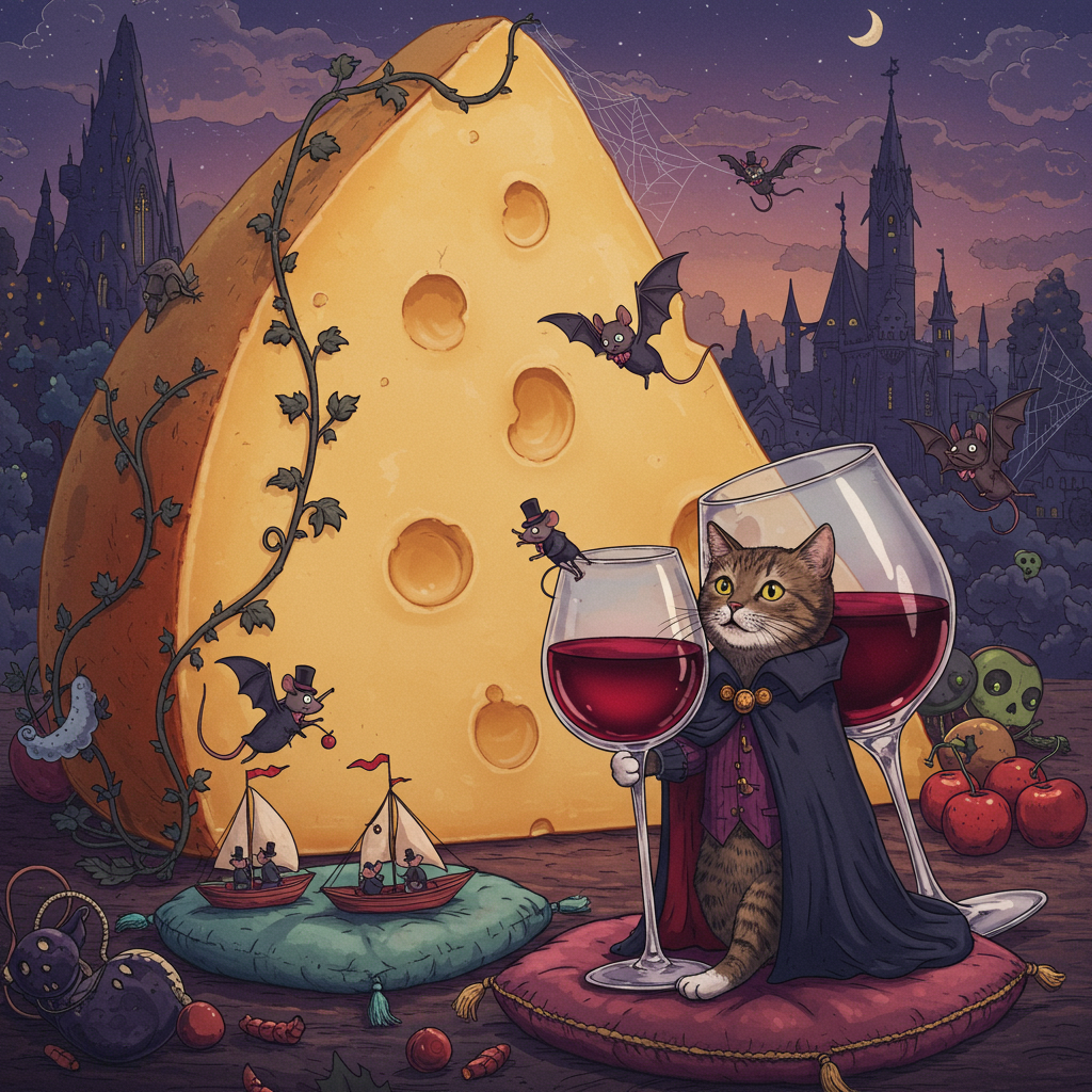 At the top of the Surreal Style image, the text reads: **Just Because it's Sunday and You're awesome!**

**Image Description:**

Imagine a dreamlike, surreal landscape where the laws of physics and logic have gone on a whimsical holiday. A gigantic wedge of cheese, resembling a gothic cathedral with intricate, spooky spires, looms majestically in the background. The cheese is draped with ornate vines and delicate webs spun by mysterious bats, which flutter gracefully around.

In the foreground, an elegantly dressed cat, with a cloak made of midnight hues and eyes sparkling with mischief, delicately sips from an oversized wine glass that seems to float on a sea of cloud-like cushions. The wine glass holds not only rich, red wine but also miniature, bobbing boats helmed by tiny, suited mice toasting to the cat’s grandeur.

Surrounding this feline connoisseur, a chorus of cartoonish bats, sporting top hats and monocles, perform a cute yet gothic ballet mid-air, casting shadows that dance eerily across the cheese cathedral.

The scene is bathed in an ethereal twilight glow, a dreamy mix of purples and golds, creating an ambiance that is as enchanting as it is bizarre. This quirky symphony of elements comes together to deliver a cheeky congratulatory jab, in true surreal style.
Generated with these themes: Cats,gothic,cute,cheese,wine,bats, and .
Made with ❤️ by AI.