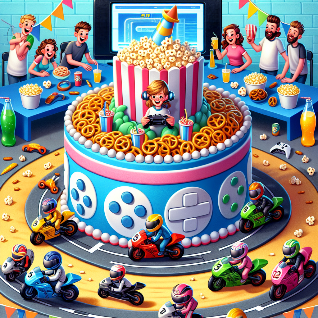 A playful birthday illustration showcasing a group of cheerful animated motorbikes, each one different and unique, racing around a track festooned with an array of delectable treats such as popcorn, pretzels, and fizzy drinks. In the heart of this lively scene stands an enormous birthday cake, sculptured intricately like a generic video game controller, captivating the visitors' attention. Around this centerpiece, a diverse group of party guests, male and female, clad in coordinated athletic gear, engage in a virtual racing game demonstrated on a gargantuan computer screen stationed behind the cake.
Generated with these themes: Motorbikes , Snacks, Xbox, Computer, and Nike.
Made with ❤️ by AI.