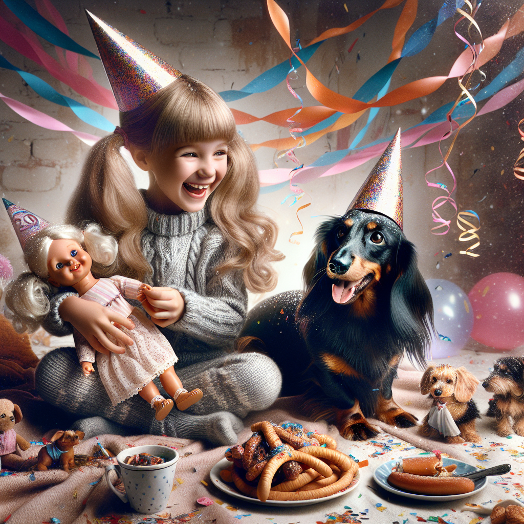 Create an image of a birthday party scene. At the center of the scene, there is a young Caucasian girl joyously playing with her silver and black Dachshund. Both characters are wearing party hats, indicating a festive occasion. They are immersed in their play, using dolls as their playthings, and are seated on a cozy blanket. Surrounding them is a celebration atmosphere, featuring vibrant confetti and streamers that fill up the background. A plate brimming with delicious snacks is nearby, symbolizing a mouthwatering feast. This scene is a delightful representation of a heartwarming celebration of companionship and shared enjoyment.
Generated with these themes: Our silver and black Dachshund, playing games with me (girl), Playing dollies together, eating snacks with me.
Made with ❤️ by AI.
