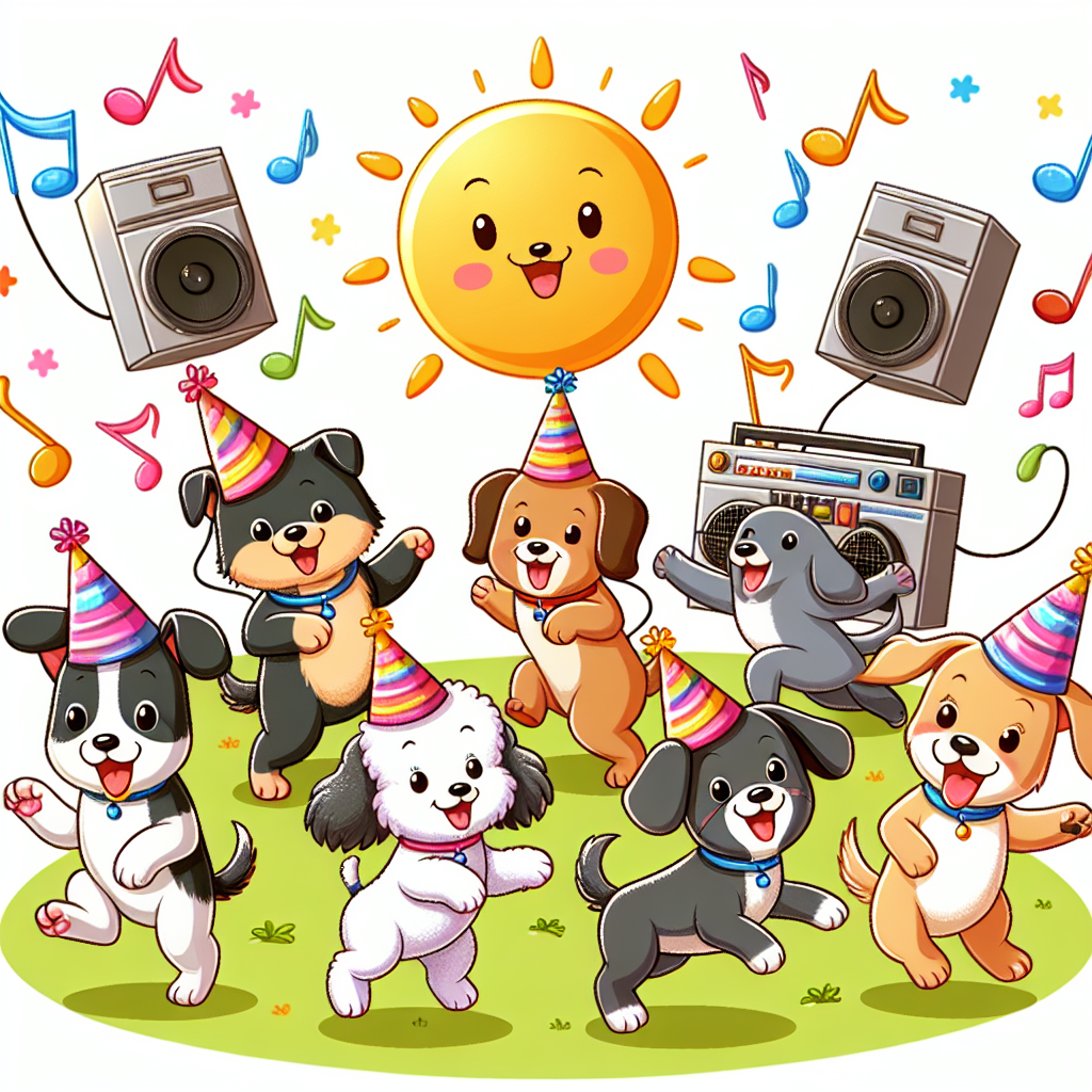 An adorable cartoon scene of a birthday party full of joy with cheerful dogs of mixed breeds wearing party hats and showcasing lively dance moves. These dogs represent various descents such as a Black Labrador, a White Poodle, a Brown Dachshund, and others. They are having a blast under a warm sun that is smiling back at them. In the backdrop, musical notes can be seen floating cheerfully from a cartoon boombox, symbolizing the vibrant and upbeat music playing, adding more fun to the festivities.
Generated with these themes: Dogs , Sunshine , and Music .
Made with ❤️ by AI.