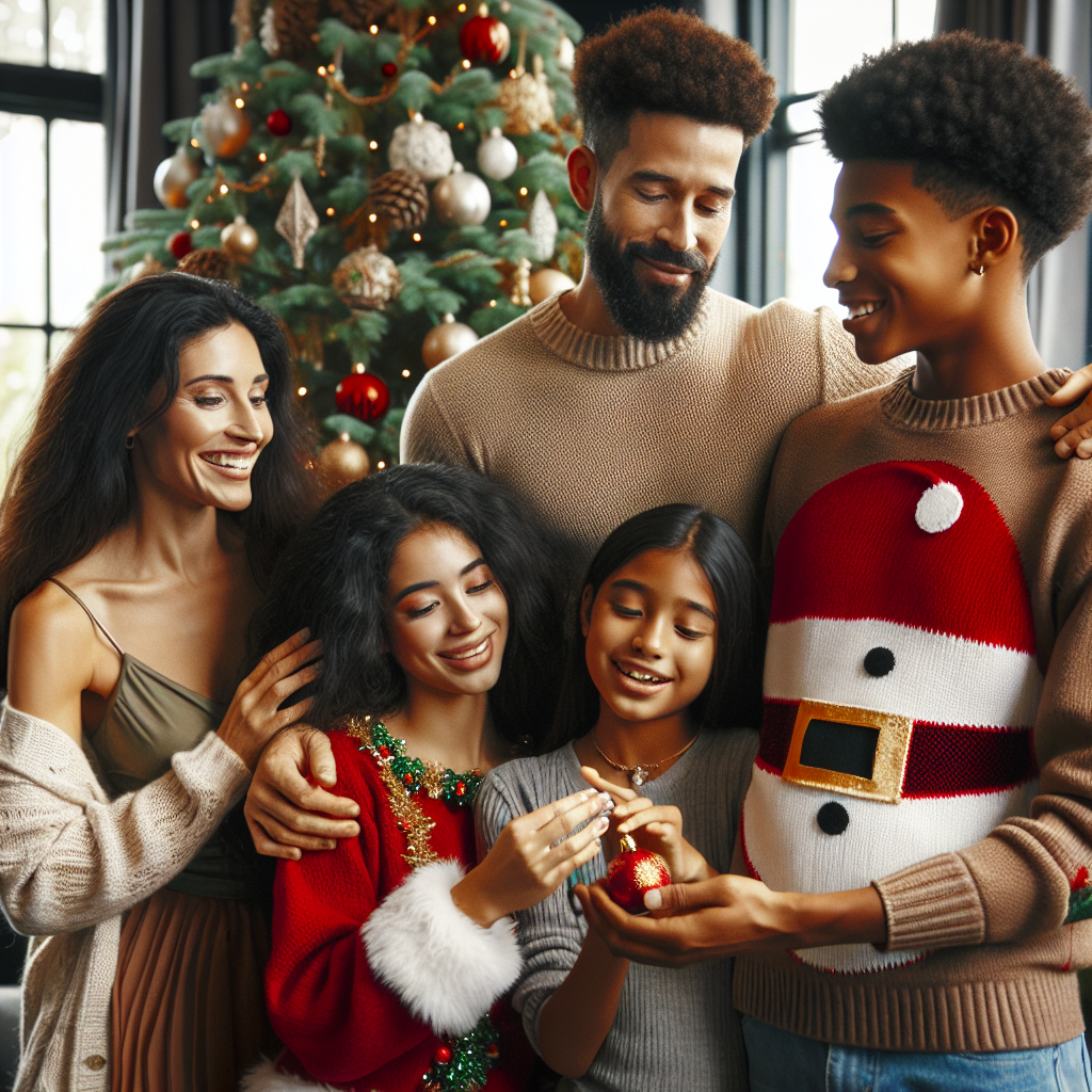 In this heartwarming Christmas setting, the family gathers around a beautifully adorned real Christmas tree. The mom gingerly hands an ornament to the dad as they smile at each other. Their teenage daughter, donning a holiday-themed dress, giggles while showing something on her phone to her brother, who is humorously wearing a sweater with a 3D Santa belly, adding a touch of realism to their festive attire.
Generated with these themes: Mom, Dad, Teenage daughter, and Teenage son.
Made with ❤️ by AI.