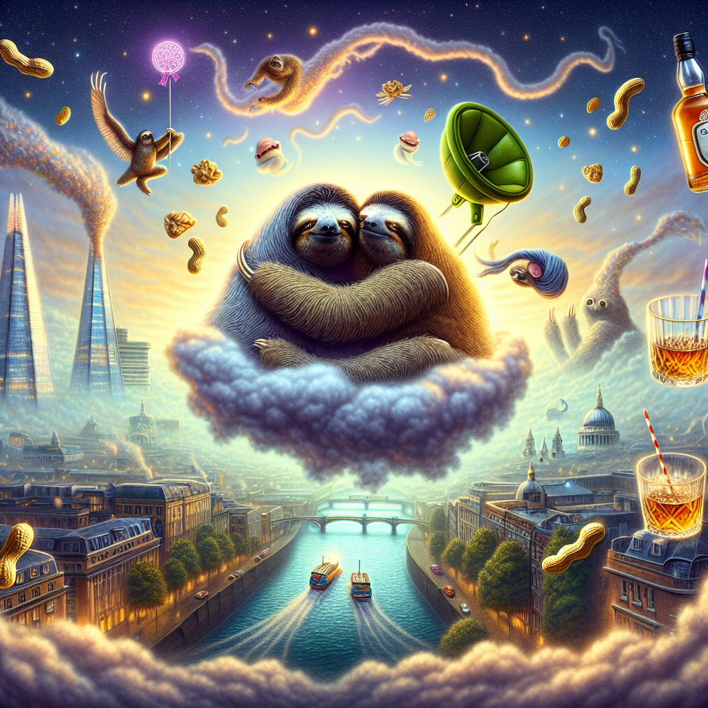 Visualize a fanciful, cartoon-style image that captures a birthday celebration. It features two sloths, wrapped in an embrace that manages to convey tenderness despite their slow movements. These creatures are shown floating on a fantastical cloud high above an identifiable cityscape, which includes elements reminiscent of London's Shard and St. Paul's Cathedral amidst the radiant hues of sunset. Alongside them are floating whisky bottles and drifting peanuts, merging into an unusual sky full of stars. Simultaneously, an inflated speaker is playing festive birthday music. Misty tendrils of smoke, which resemble cannabis but are of unspecified origin, add a mystic ambience, while stray strands of instant noodles dance around the view, enhancing its eccentricity. On the periphery of this dreamy scene, a vivid green bicycle cruises, adding the final touch to this breathtakingly surreal birthday tableau.
Generated with these themes: Two sloths in love, Happy birthday, Whisky, Cannabis, Instant noodles, View of London Shard and St Paul's cathedral, Peanuts, Green bicycle, and Speaker.
Made with ❤️ by AI.