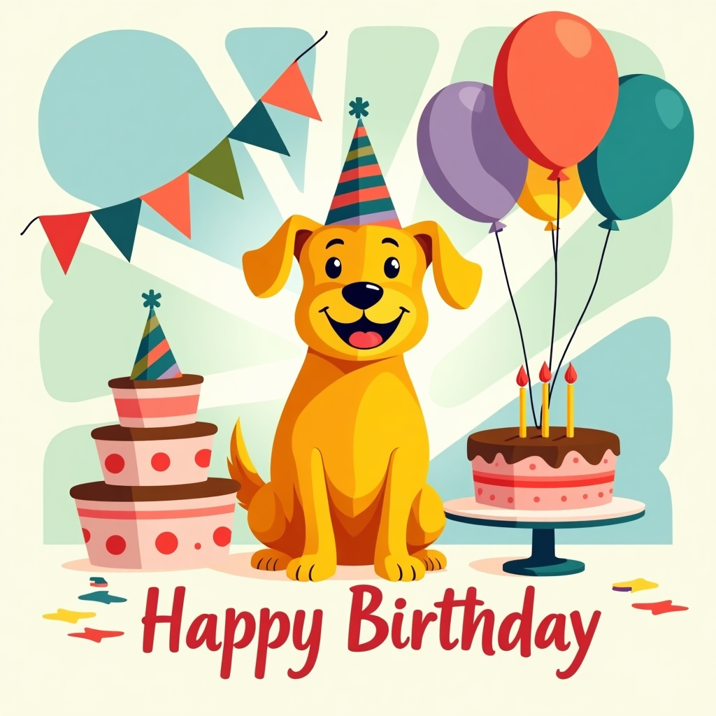 **Front Cover Design Description:**

1. **Central Focus - Joyful Dog:**
   - Place a cartoon-style dog in the center, sitting upright with a wide, cheerful grin. The dog's fur should be in a bright golden hue, utilizing flat shapes with a clean vector style, inspired by Patrick Seymour's precision lines.
   - The dog wears a vibrant, multicolored party hat with stripes of blue, green, and red, creating a vivid contrast against its golden fur.

2. **Background Elements:**
   - Create a simple, bold, and colorful geometric background in the style of Matt W. Moore. Use overlapping flat shapes: triangles, circles, and squares in a palette of sky blue, mint green, and soft coral pink.
   - Incorporate a sunburst pattern emerging from behind the dog to enhance the focal point, reminiscent of Cristiano Siqueira's dynamic compositions.

3. **Birthday Themed Objects:**
   - A large, tiered birthday cake to the right of the dog. The cake should have a minimalist design with flat layers colored in pastel pink and lavender. Adorn the cake with simple vector-style candles and a small "test" text on the topmost layer, following the clean lines of Yulia Sokolova's work.
   - On the left side of the dog, depict a bundle of balloons floating upwards. Use solid, flat colors: one balloon in bright red, another in sunny yellow, and the third in teal, reflecting the bold use of color seen in Malika Favre’s work.

4. **Additional Details:**
   - Add a string of bunting across the top of the card, stretching from corner to corner. Utilize a pattern of alternating colors, like royal blue and vibrant orange, with triangular flags, to capture the eye and provide a festive touch.
   - Scatter a few confetti pieces around the bottom of the card using Geo Law's playful style, in a mix of green, purple, and orange shapes.

5. **Text Placement:**
   - Place the "Happy Birthday" text at the bottom center in a bold, sans-serif font. Use a vivid magenta to ensure it stands out against the background. Employ Joshua Davis’s experimental approach to typography, ensuring clarity while maintaining a creative edge.

By using this description, the artist can visualize and create a dynamic, joyful birthday card that resonates with the requested style influences while maintaining originality and a playful theme.
Generated with these themes: Joyful Dog Happy Birthday.
Made with ❤️ by AI.