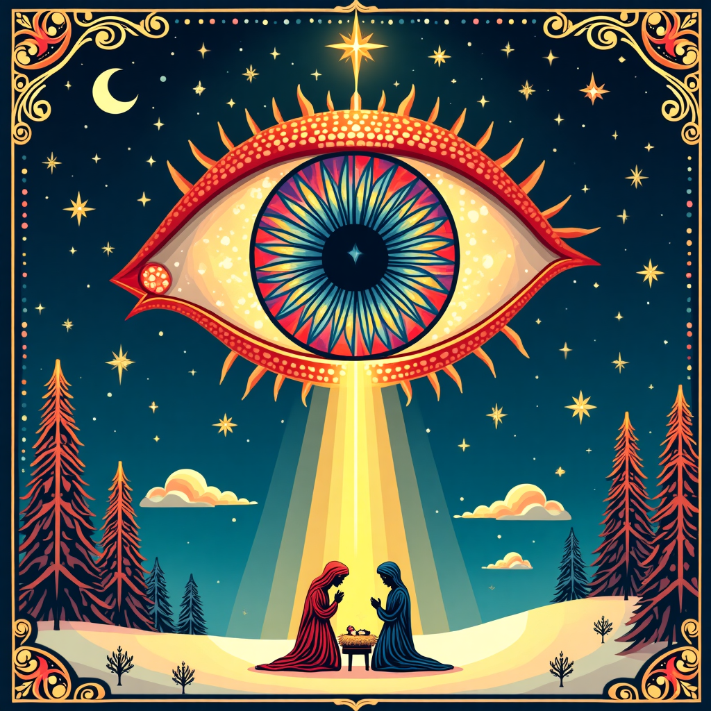 In the center of the card, an immense human eye dominates the composition, its iris a kaleidoscope of stained-glass hues reminiscent of grand cathedral windows. This eye reflects the divine light, with a beam radiating outward to illuminate the scene. Encircling the eye are intricate patterns of celestial constellations, each star twinkling with a divine sparkle. Below, a delicate nativity scene unfolds, crafted from fine lines and geometric shapes, akin to Yulia Sokolova's precise vector art. Mary, Joseph, and the infant Jesus are subtly etched in an angular style, drawing inspiration from Patrick Seymour’s sharp, clean lines.

In the background, an ornate cathedral silhouette looms, its spires reaching towards the heavens, inspired by Orlando Arocena’s bold, graphic interpretations. The cathedral is adorned with stylized vines and leaves, echoing Lisa Lopuck's affinity for organic motifs. A serene landscape extends on either side, where evergreen trees with abstract triangular forms stand, their needles rendered in vivid, contrasting colors that Malika Favre might choose.

Above, a crescent moon and scattered geometric clouds, reminiscent of Matt W. Moore's vibrant geometric compositions, float against a deep, midnight blue sky. Sprinkled throughout are tiny snowflakes, each designed with an intricate symmetry and complexity inspired by Joshua Davis's generative patterns. The scene is framed by a border of swirling, decorative flourishes, taking cues from Von Glitschka's playful, ornate style.

Incorporating Cristiano Siqueira's dynamic and bold color palette, the scene juxtaposes solemn, sacred elements with a modern, eye-catching vibrancy, telling a tale of the divine meeting the earthly through the all-seeing eye that both observes and illuminates the Christmas miracle below.
Generated with these themes: Religious Xmas card that takes the human eye as main image.
Made with ❤️ by AI.