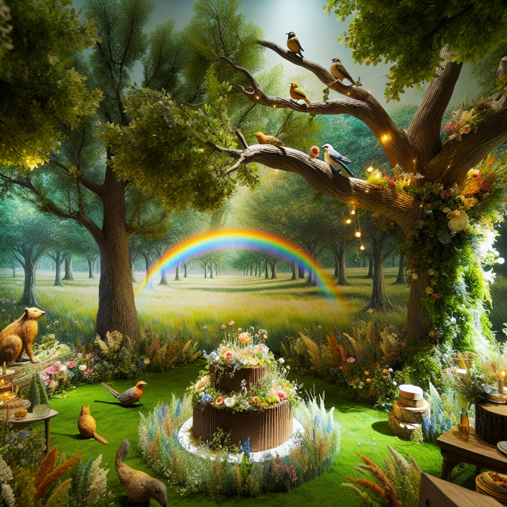 Visualize a quaint meadow serving as a backdrop for a birthday celebration. Mature trees offer both shade and animate the picturesque setting. Crafted birds, incredibly realistic in their design, embellish the area and seem on the brink of flight. Nature-inspired decorations are subtly scattered around, evoking a harmonious atmosphere. Central to the meadow is a rustic birthday cake, resplendent with edible flowers and a miniature rainbow cascading down its sides. The gentle illumination from the rainbow's colors reverberates around the perimeter foliage, invoking a mesmerizing glow that pays tribute to the awe-inspiring beauty of the natural world.
Generated with these themes: Birds nature trees rainbow .
Made with ❤️ by AI.