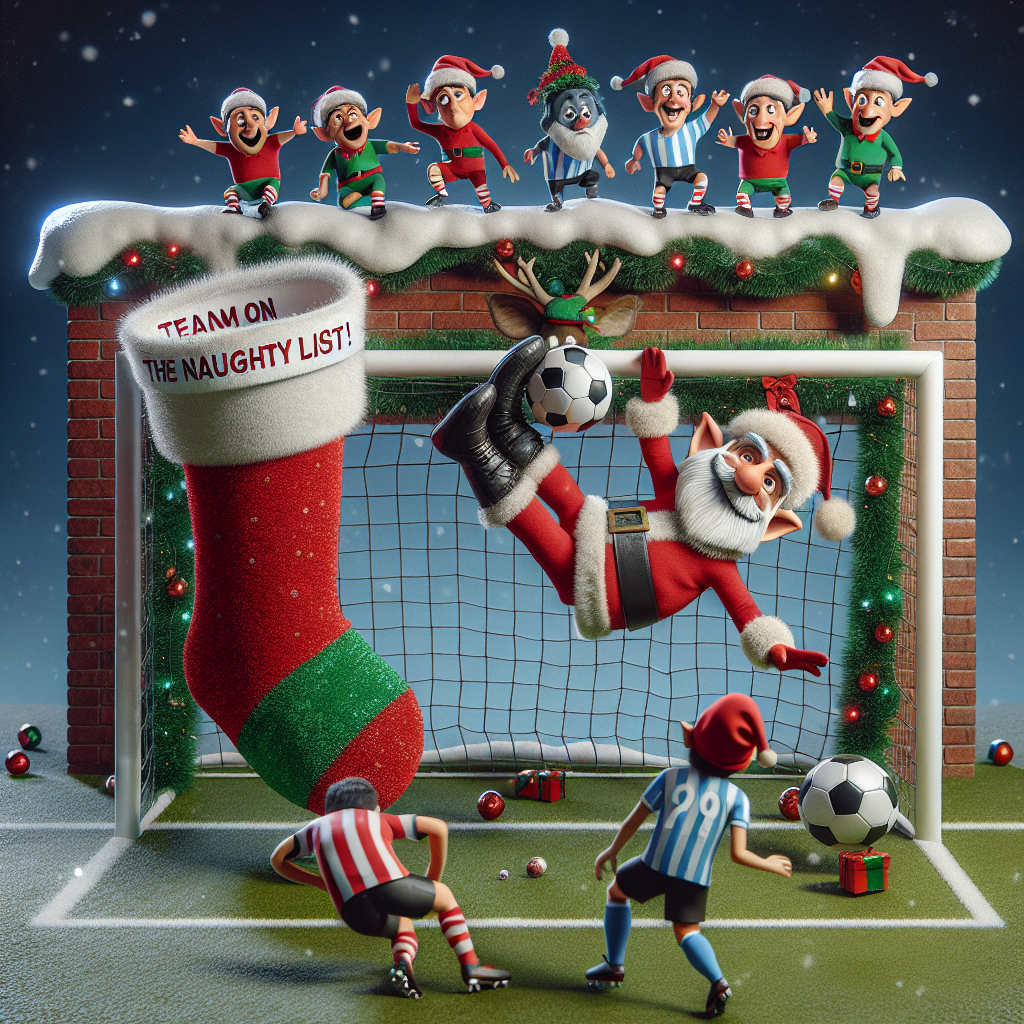 Santa Claus is in the middle of sliding down a chimney, effortlessly scoring a goal against a team of Tottenham's Hotspurs players, all wearing Santa hats and looking despondently at the airborne ball. The goalpost is adorned with tinsel and stockings, while a mischievous elf waves a cheeky banner, 'Spurs on the Naughty List!' This illustration injects festive fun into depicting the Spurs' unfortunate loss.
Generated with these themes: tottenham’s hotspurs losing.
Made with ❤️ by AI.