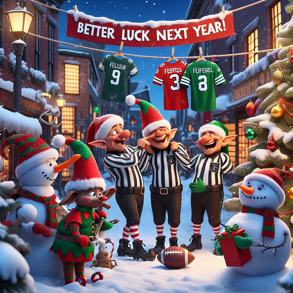 The scene unfolds on a whimsically decorated street, where elves in referee shirts are laughing as they hang Tottenham's Hotspurs jerseys in defeat on a Christmas tree. Snowmen fans hold aloft a banner reading 'Better luck next year, Spurs!' as a perplexed reindeer dressed in Tottenham gear scratches its head, perplexed by the loss highlighted in this lighthearted Christmas scene.
Generated with these themes: tottenham’s hotspurs losing.
Made with ❤️ by AI.