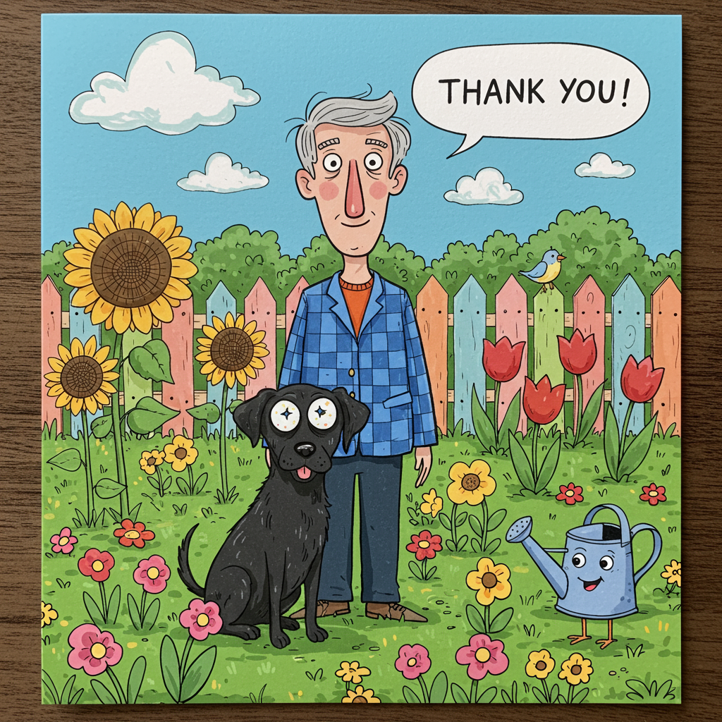 On the front cover of this thank-you greeting card, imagine a vibrant and whimsical cartoon scene bursting with color and charm. At the center, a man with endearingly exaggerated features stands proudly in his lush garden. His hair is a shock of gray, styled in a playful swoop, reminiscent of a classic comic strip character. He wears a lively blue checked jacket, each square almost pulsating with a slightly different shade of blue, creating a playful visual texture that pops against the greenery.

Beside him is a delightfully animated black Labrador with oversized, floppy ears and a mischievous grin that stretches across its muzzle. Its eyes are wide, almost saucer-like, reflecting a myriad of tiny, colorful stars that suggest an inexplicable but amusing whimsy.

The garden around them is a riot of colors and exaggerated shapes, almost as if each plant has its own personality. Enormous, exaggerated sunflowers tower over the duo with bright yellow petals that spiral whimsically outward, while cartoonishly large tulips in shades of pink and red seem to sway with the breeze. Small, fluffy clouds shaped like puffs of whipped cream dot the crisp blue sky, casting playful shadows on the grass below.

In the background, a quaint little picket fence runs the length of the scene, each plank painted a different pastel color, as if they were lifted straight from a Sunday comic strip. Near the fence, a rainbow-colored bird perches, its features exaggerated to give it an almost comical roundness, and a watering can with eyes and a smiling spout leans against the fence, joining the playful narrative.

The entire illustration is infused with a sense of exaggerated proportion and vibrant hues, reminiscent of classic cartoon styles. This lively, detailed scene is sure to bring a chuckle and a warm appreciation for gratitude conveyed through the card.
Generated with these themes: man with gray hair and blue checked jacket in a garden with a black labrador.
Made with ❤️ by AI.
