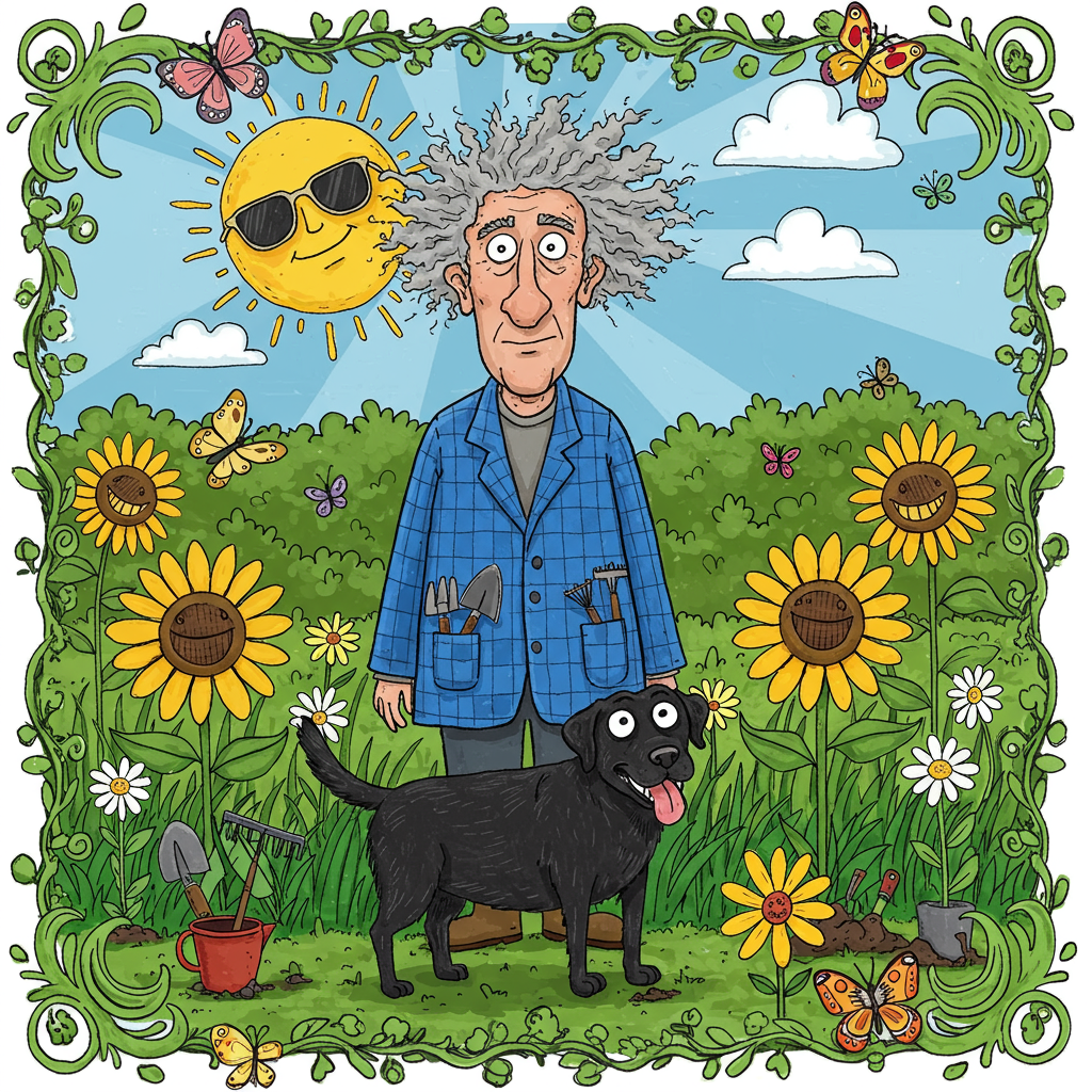 Front and center on the card, there's a cartoon-style depiction of a man with a head full of wild, gray hair, exaggeratedly styled in a way that could be mistaken for a chaotic storm cloud. He's wearing a vibrant blue checked jacket that seems to leap out of the scene with its bold, oversized pattern and crisp, cartoonish lines. The jacket is adorned with an exaggeratedly large pocket on the chest, humorously stuffed with brightly colored gardening tools—a tiny rake, a small spade, and perhaps a whimsical butterfly net poking out at an improbable angle.

The scene is set in an exuberantly lush garden, depicted with a rich palette of greens. The grass is drawn with exaggerated texture, a dense sea of cartoonish blades swaying dramatically, as if an unseen breeze is playfully tugging at them. Scattered across this verdant backdrop are oversized, fantastically colorful flowers—giant sunflowers with impossibly large, cartoonish grins, and daisies with petals so big they resemble the propellers of a cartoon helicopter.

Next to the man stands a black labrador with wide, comical eyes and an enormously exaggerated snout, smiling with an unmistakably cheeky grin. The dog's tail is depicted mid-wag, drawn with bold motion lines to suggest its frenetic enthusiasm. The labrador's fur is a smooth, glossy black, with cartoonishly oversized paws planted firmly in the garden soil.

In the background, a simple, almost geometrically precise cartoon sun beams down from a blue sky streaked with a couple of fluffy, oversized white clouds. The sun wears sunglasses that take up half its face, and the rays are drawn as straight lines extending in every direction, adding to the scene's vibrant energy.

The entire composition is encircled by a border of swirling vines and cartoon butterflies, with each butterfly uniquely patterned, their wings outlined in bold black lines reminiscent of classic comic strips. The butterflies hover in the air with exaggerated, looping flight paths, illustrated as playful dotted lines weaving around the border.

This delightful scene invites the viewer into a world of comic vibrancy and whimsy, where every element is designed with exaggerated charm and vivid color, all harmoniously celebrating the theme of gratitude through humor and creativity.
Generated with these themes: man with gray hair and blue checked jacket in a garden with a black labrador.
Made with ❤️ by AI.