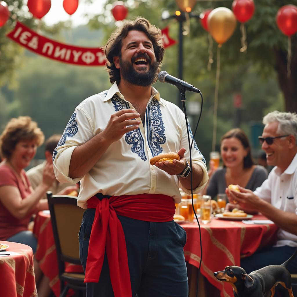 In this scene, a Greek man with thick, dark hair is laughing as he belts out a playful tune into a microphone, engaging in a sing trick with music that sounds like an upbeat folk song. He wears a crisp white shirt with intricate blue stitch-work across the chest, sleeves rolled to the elbows, and dark pants with a red sash that matches the red tablecloths adorning the surrounding anniversary celebration tables. The man is clearly enjoying a sausage roll, biting into it between verses. Guests are seated at these tables, clapping along and enjoying their own sausage rolls and drinks. At his feet, a small dachshund waits hopefully for dropped crumbs. Streamers crisscross overhead, and a banner reads 'Χρόνια Πολλά', which is Greek for 'Many Years', a common anniversary wish.
Generated with these themes: Dark haired Greek guy sing trick music while eating a sausage roll .
Made with ❤️ by AI.