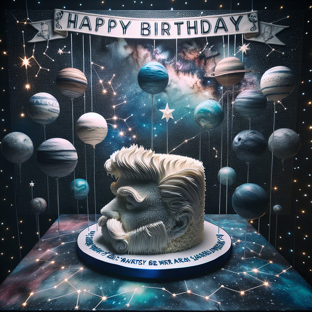 Against a cosmic backdrop filled with stars and twisting galaxies, a unique cake takes center stage. Icing piped with precision to form a shape reminiscent of iconic facial hair, each bristle crafted meticulously. Floating planetary orbs serve as balloons, each subtly bobbing and presenting greetings of 'Happy Birthday' inscribed in a unique and distinctive font. A banner extends above the cosmic display, showcasing constellations that cleverly reveal birthday wishes. This fascinating universe within merges the whimsy of birthdays with a homage to unconventional artistry.
Generated with these themes: Frank zappa, and Astronomy.
Made with ❤️ by AI.