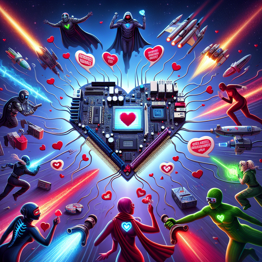 Imagine a whimsical Valentine's setting that combines the thrill of technology gaming and popular culture excitement. Central to the picture is a computer motherboard shaped like a heart, pulsing with dynamic energy. Surrounding it, flirty characters wearing masked superhero costumes of diverse colors, from black to red to green, are found exchanging heart-shaped notes filled with nerdy, affectionate remarks. Their speech bubbles are filled with these expressions of quirky admiration. The outer encompassing elements of the scene include energy swords glowing in passionate red and blue colors, while combat spacecraft etch out a heart formation against a boundless galactic backdrop.
Generated with these themes: Computer games, Marvel, and Star wars.
Made with ❤️ by AI.