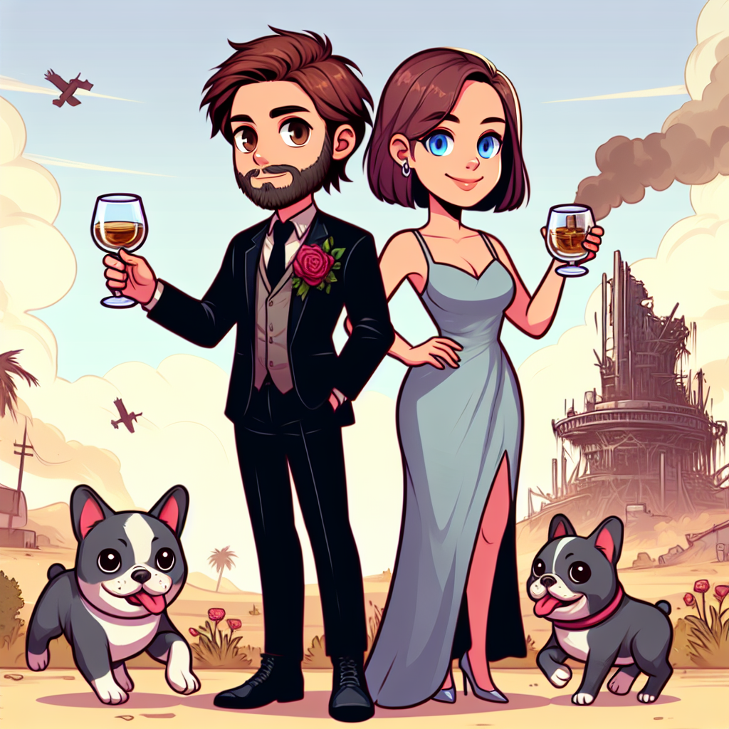 Create a lively, whimsical cartoon depiction of a first marriage anniversary of a white couple, with the narrative influenced by elements of a post-apocalyptic video game. Show a dark silhouette of a brown-haired man holding a glass of whisky, a symbol of their cherished moments together. Depict the woman, with her brown hair styled with a fashionable fringe, standing beside him, radiating with a warm smile. Add French bulldogs playing around them, adding an element of fun energy to the scene. Place them against a fictional post-apocalyptic backdrop for a unique combination of reality and fiction.
Generated with these themes: White couple. Man with brown hair. Woman brown hair and fringe, Fallout video game, Drinking whisky, French bulldogs, and 1st wedding anniversary.
Made with ❤️ by AI.