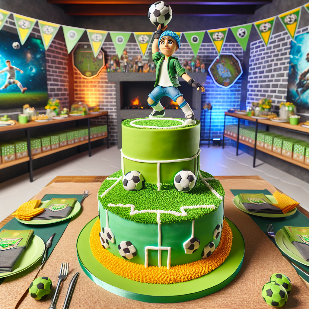 Design a lively, dynamic and detailed scene of a unique birthday party. The theme celebrates both sport and video games, specifically a soccer match and a popular adventure-survival game. In the center of the room stands a carefully constructed three-layer cake. It is adorned with edible bright green icing that replicates a soccer pitch, with tiny, highly detailed soccer balls along its borders. On top of the cake, there is an elaborate sugar paste figurine of a game protagonist, proudly holding a mini soccer ball. Banners within the room display elements that combine sports and video games in an engaging manner, while the table arrangements consist of napkins and plates decorated with action-packed game graphics and soccer ball prints, deftly tying the dual themes together.
Generated with these themes: Football, and Fortnite.
Made with ❤️ by AI.