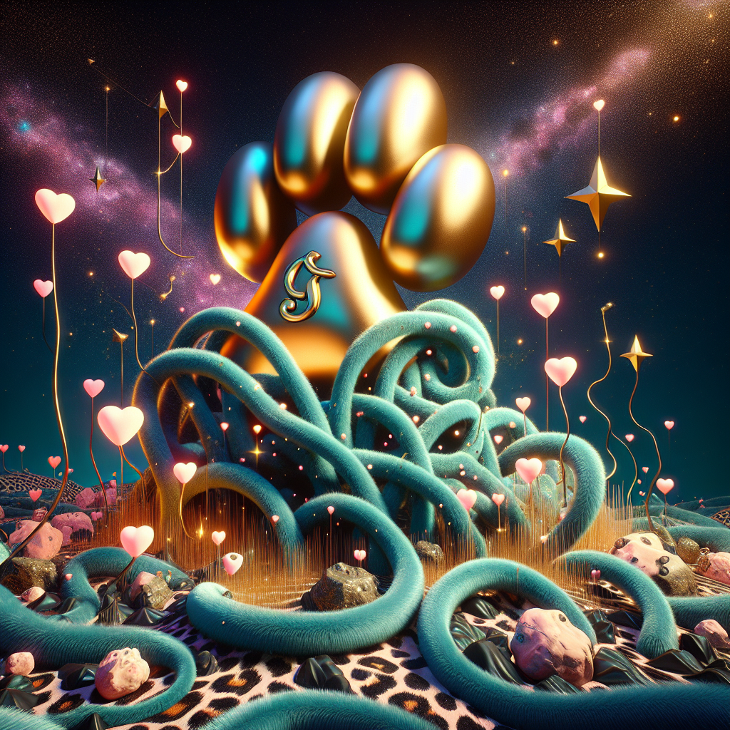 An abstract, surrealistic interpretation of a cartoon-styled birthday theme. The landscape is an amalgamation of unique elements. Dominating the scene is a golden paw, garnished with the prominent letter 'J', seeming to burst forth from the ground. It is being tightly enwrapped by teal vines featuring leopard pattern. The night sky showcases a heart-shaped constellation, radiating in a soft pink hue, with the letter 'C' accentuated as its most luminescent star. The ground is a tapestry woven from leopard print, imbued with tendrils of pink and flickers of gold, gleaming intermittently as if in celebration of the birthday, lending the scene an aura of magical surrealism.
Generated with these themes: Paw with letter J , Heart with letter C , Gold and pink , Teal & leopard print , and Leopard.
Made with ❤️ by AI.