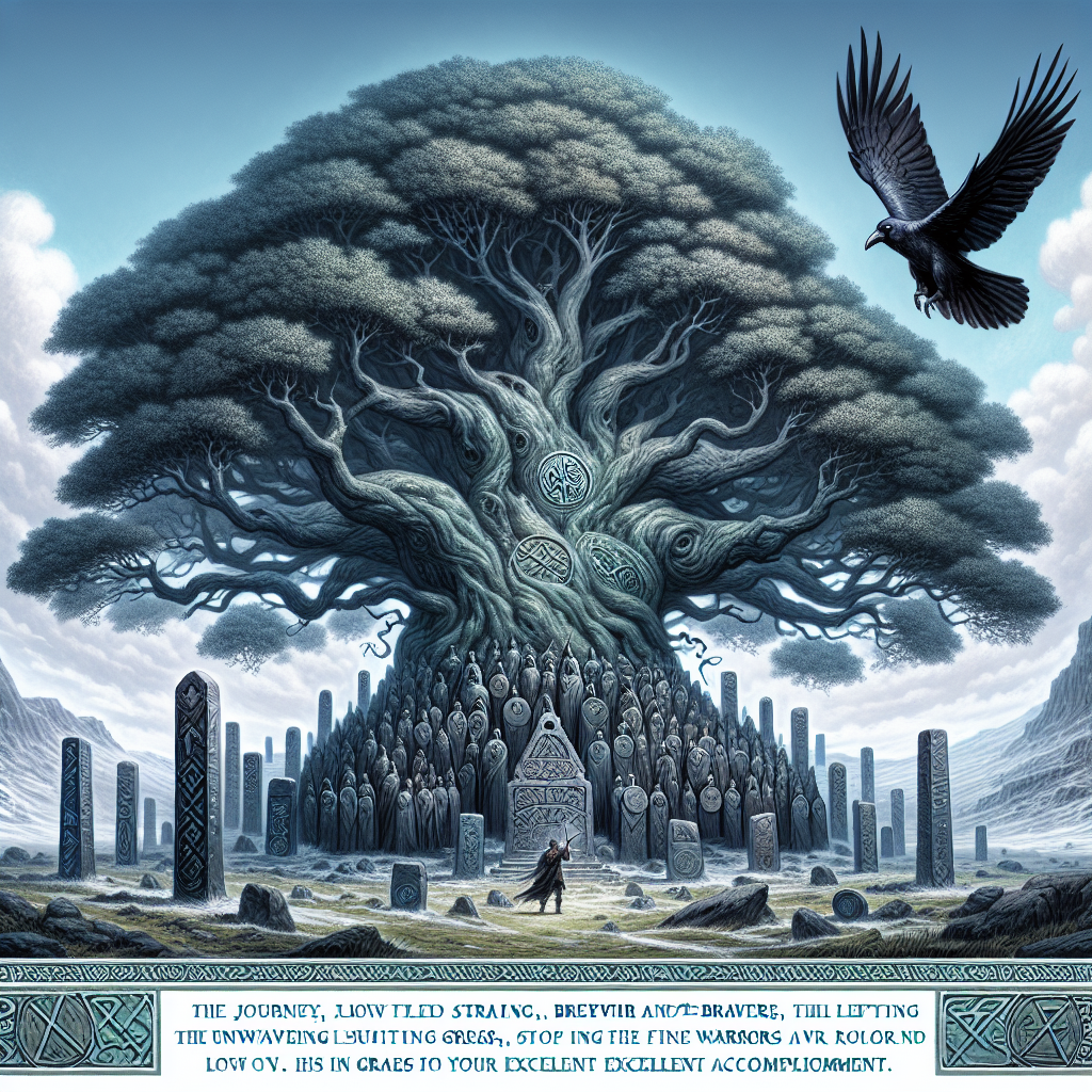 An illustration of a monumental Tree of Life with its vast canopy spread widely. Below it, the ethereal forms of Viking spirits appear, whispering tales of valor and glory. A raven, symbolic of sacred wisdom, traverses the sky, casting an affirming gaze on the runes inscribed in the ancient ruins underfoot. This potent scene symbolizes a journey shaped by resilience and bravery, celebrating the unwavering pursuit of greatness. It implies that someone, like the fierce warriors of yore, has left an indelible mark in the pages of history, attesting to their excellent accomplishment.
Generated with these themes: Tree of Life, Raven, Viking, and Ruins.
Made with ❤️ by AI.