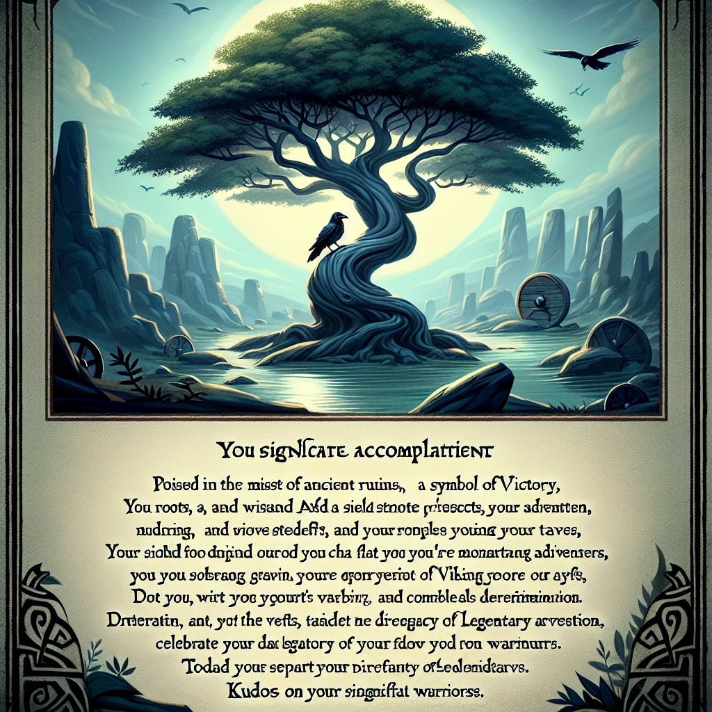 Poised in the midst of ancient ruins, the Tree of Life stands tall as a symbol of victory, its roots tangled in historical tales. A smart and wise raven sits high on the tree's branches, serving as a distant watchman of your adventure. In the tree's shade, your feats reflect the spirit of Viking explorers—brave, steadfast, and resilient. Today, the silent direction of your determination mirrors the legacy of legendary warriors, celebrating your remarkable achievement. Kudos on your significant accomplishment!
Generated with these themes: Tree of Life, Raven, Viking, and Ruins.
Made with ❤️ by AI.
