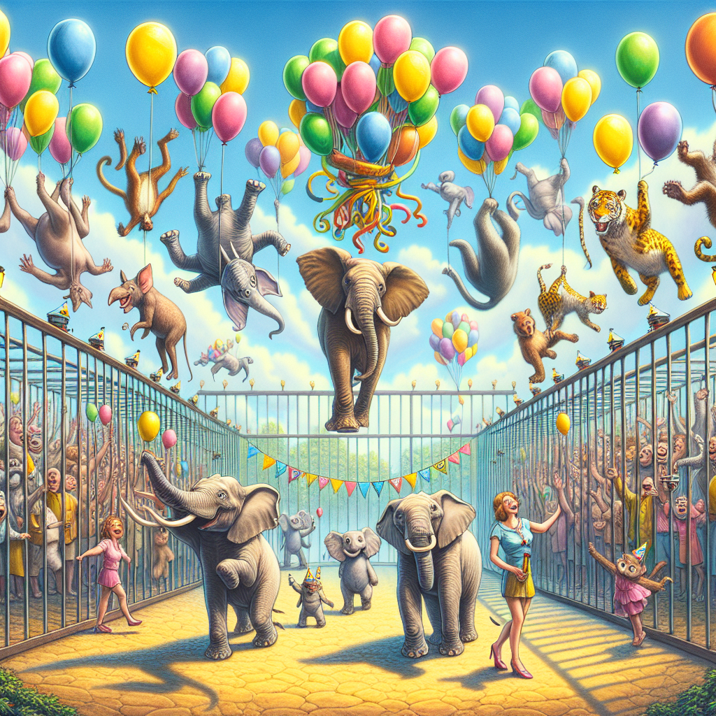 Picture a whimsical chimera of a birthday celebration held within an upside-down zoo. Delighted animals of all kinds, from elephants to marsupials, bear vibrant balloons in their grippers or trunks, strolling leisurely along pathways. In the scene's backdrop, you'd see bars of vivaciously adorned cages containing cheerfully waving humans. They wave out eagerly to their nonhuman visitors. Suspended against the clear sky flutters a large banner bearing the greeting 'Happy Birthday' written in bold, animal-inspired script. The entirety of the scene imbues an atmosphere of amusing role-reversal and playful celebration.
Generated with these themes: Zoo with humans in cages and animals roaming free.
Made with ❤️ by AI.